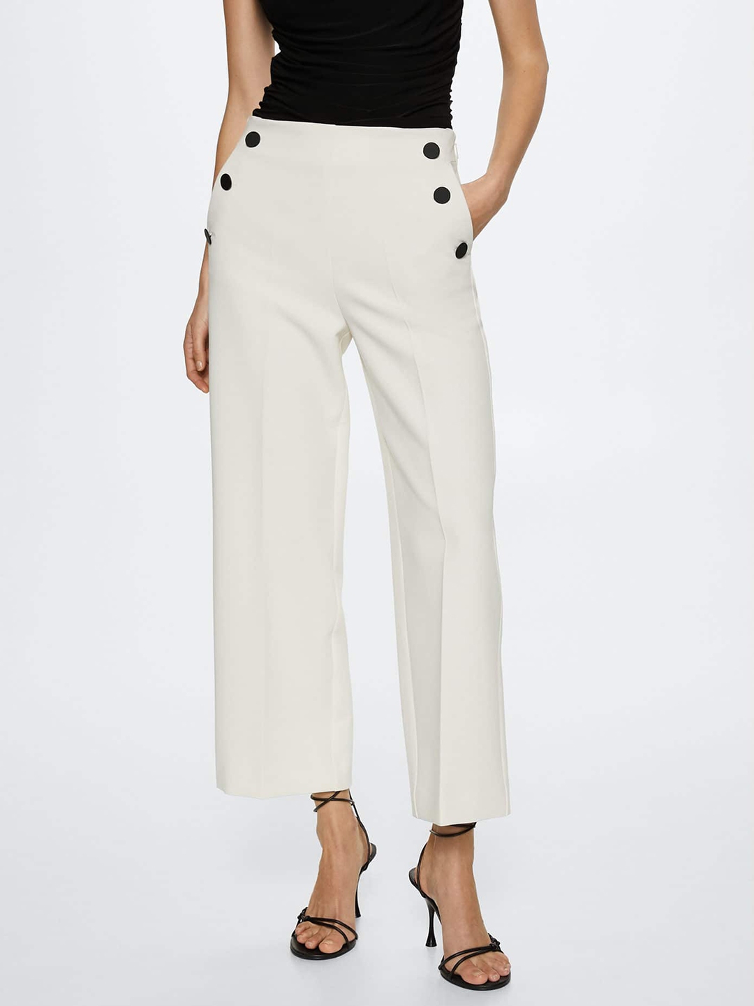 Buy MANGO Women Off White Straight Fit Trousers - Trousers for Women ...