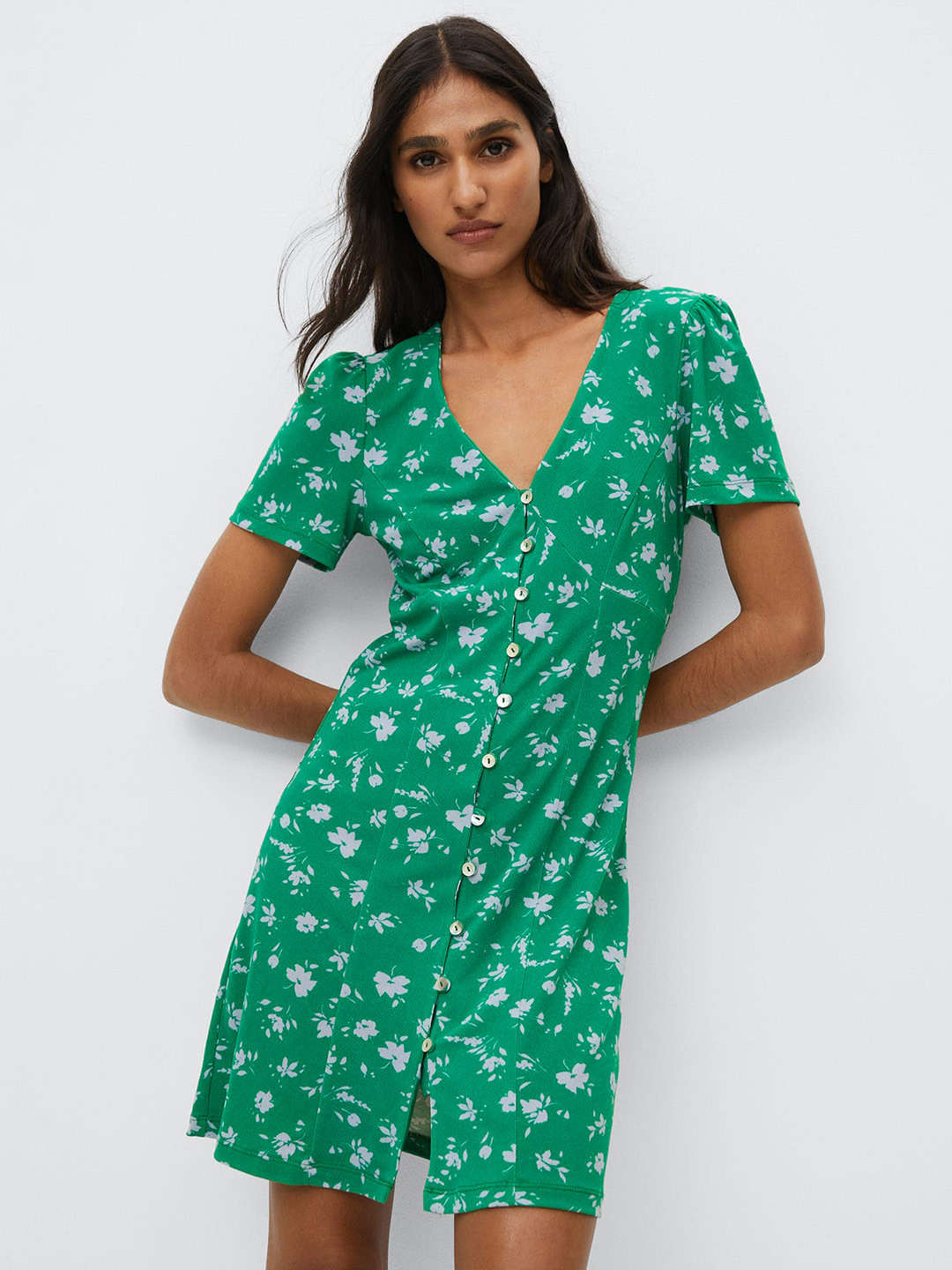 Buy MANGO Green & Lavender Floral Print A Line Dress Dresses for