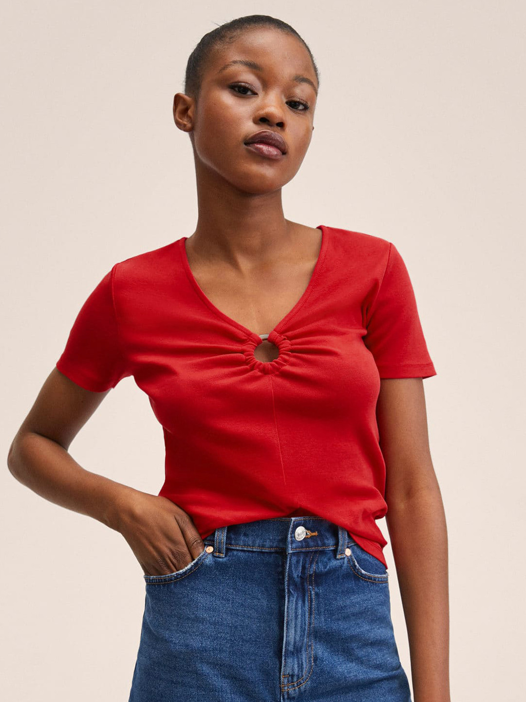 Buy MANGO Red Solid Cut Out Detail Cotton Top Tops for Women 18784150