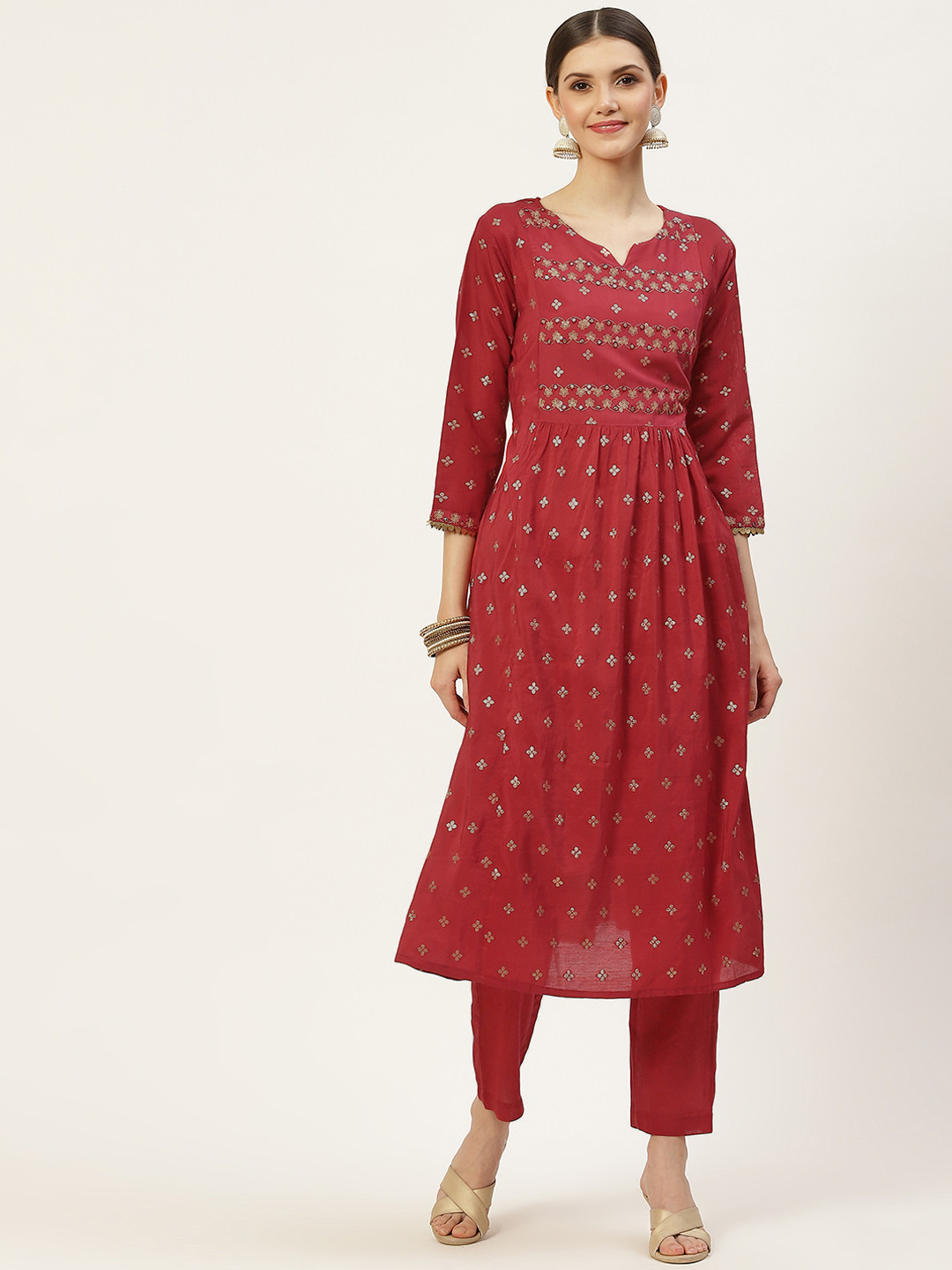 Women's Maroon Ethnic Motifs Printed Mirror Work Straight Kurta Set With Dupatta
