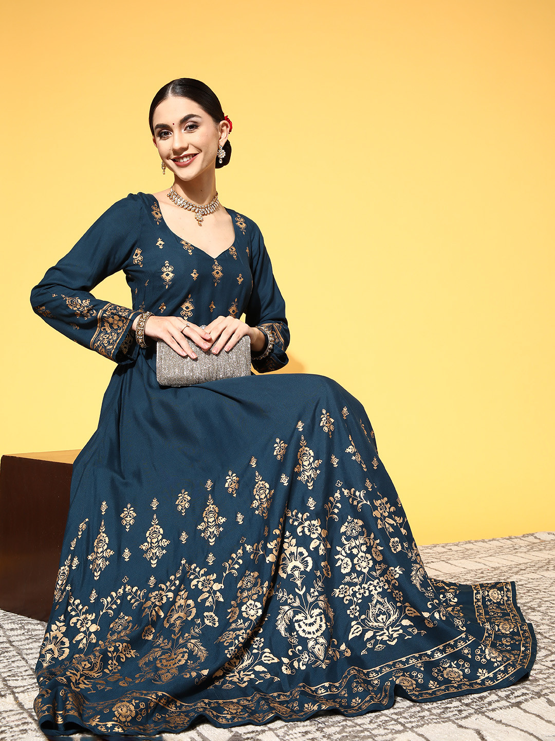 Buy PANIT Women Tranquil Teal Ethnic Motifs Swirling Volume Dress