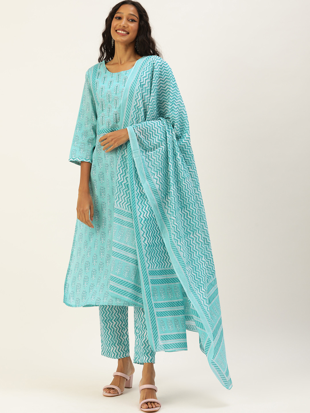 Buy RangDeep Women Sea Green Ethnic Motifs Printed Mirror Work Pure Cotton Kurta With Trousers