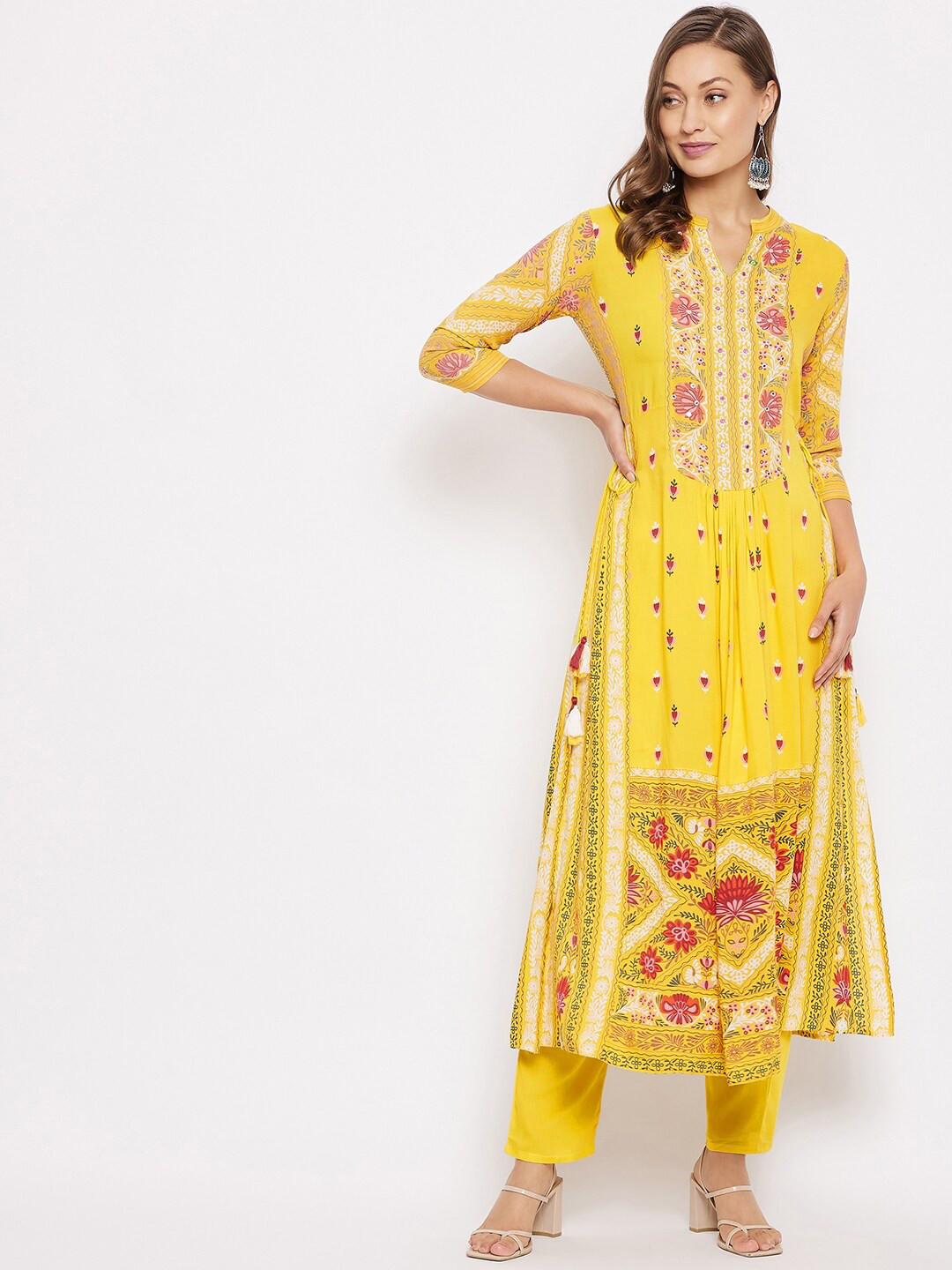 Women Yellow Floral Gathered Kurta With Pencil Pants & Dupatta