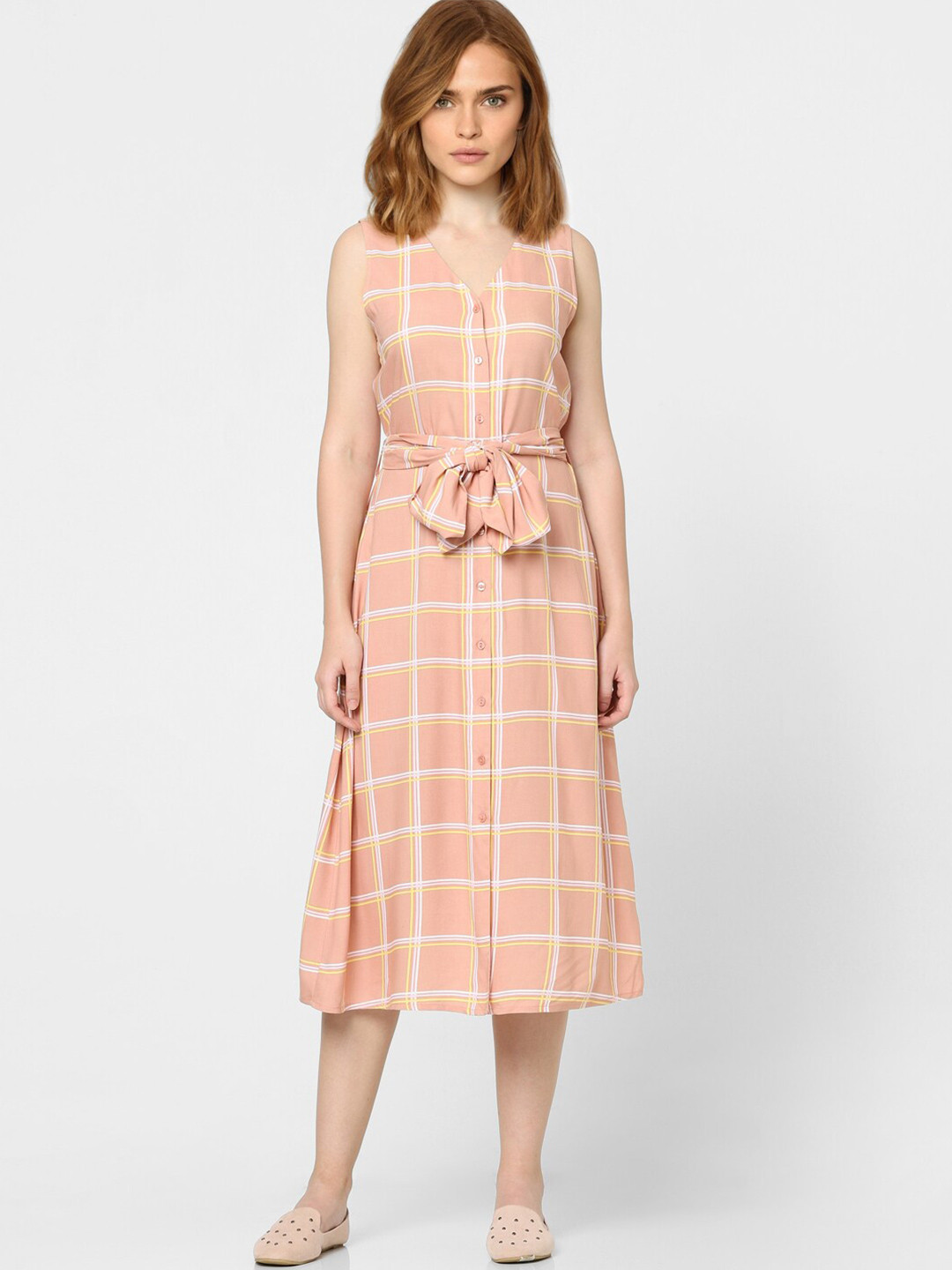 Buy Vero Moda Pink Checked Midi A Line Dress Dresses for Women