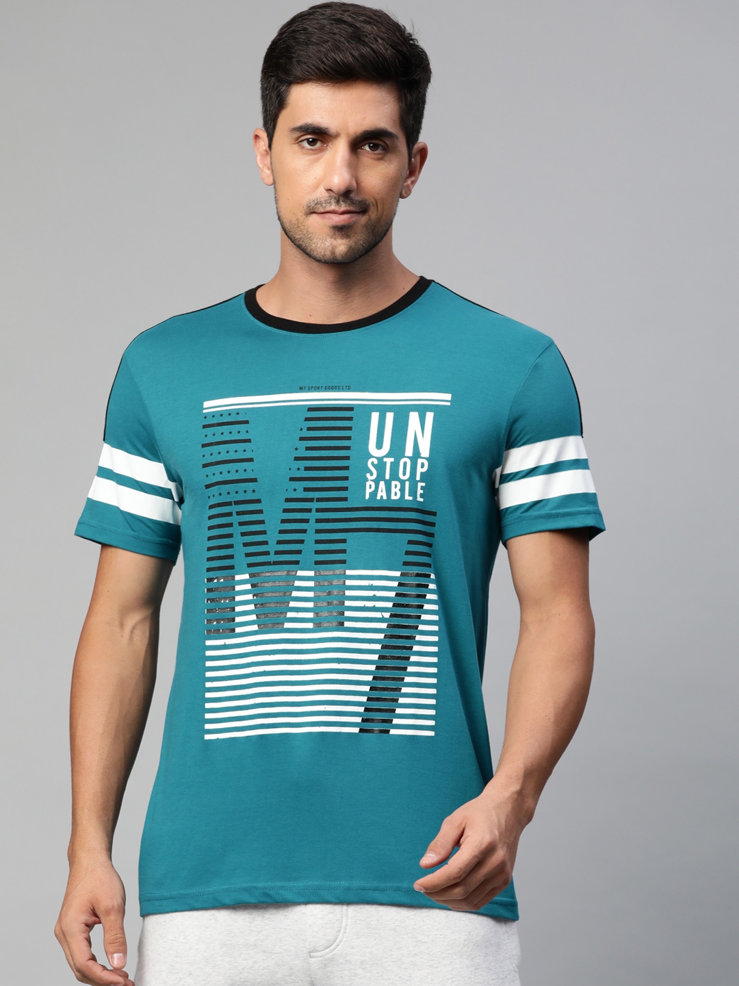 Buy M7 By Metronaut Men Blue & White Brand Logo Printed T Shirt ...