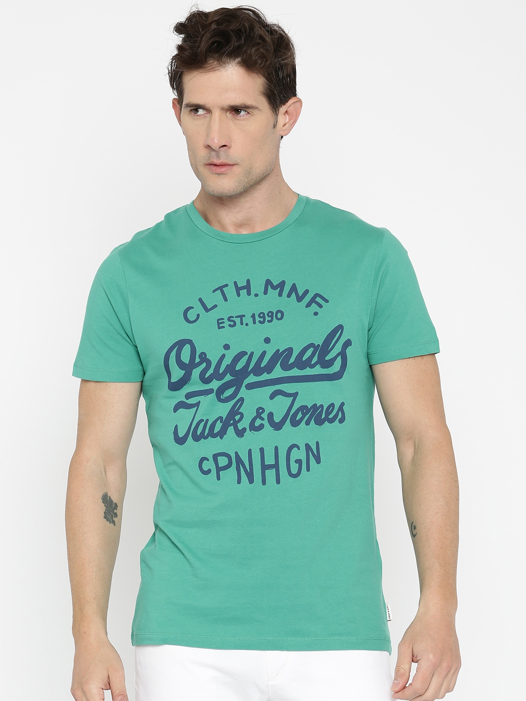 Buy Jack Jones Men Green Printed Round Neck Pure Cotton T Shirt ...