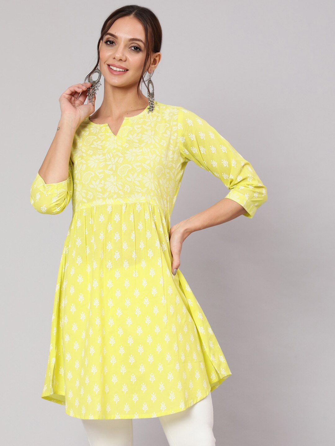 Buy Nayo Yellow & White Mandarin Collar Printed Tunic - Tunics for ...