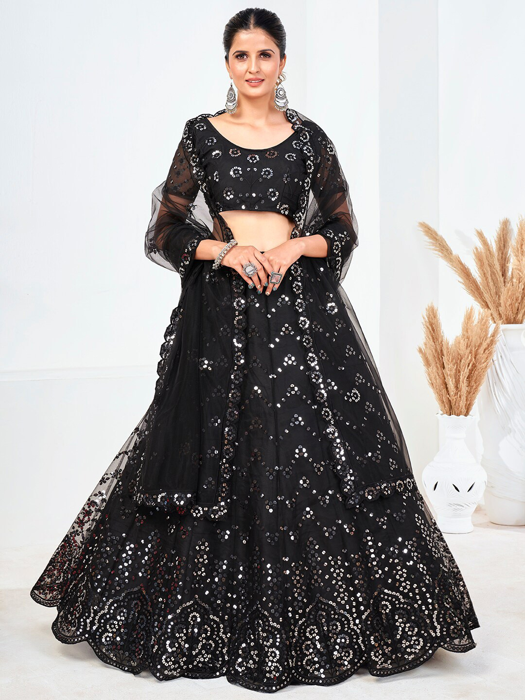 Black & White Embellished Semi-Stitched Lehenga & Unstitched Blouse With Dupatta