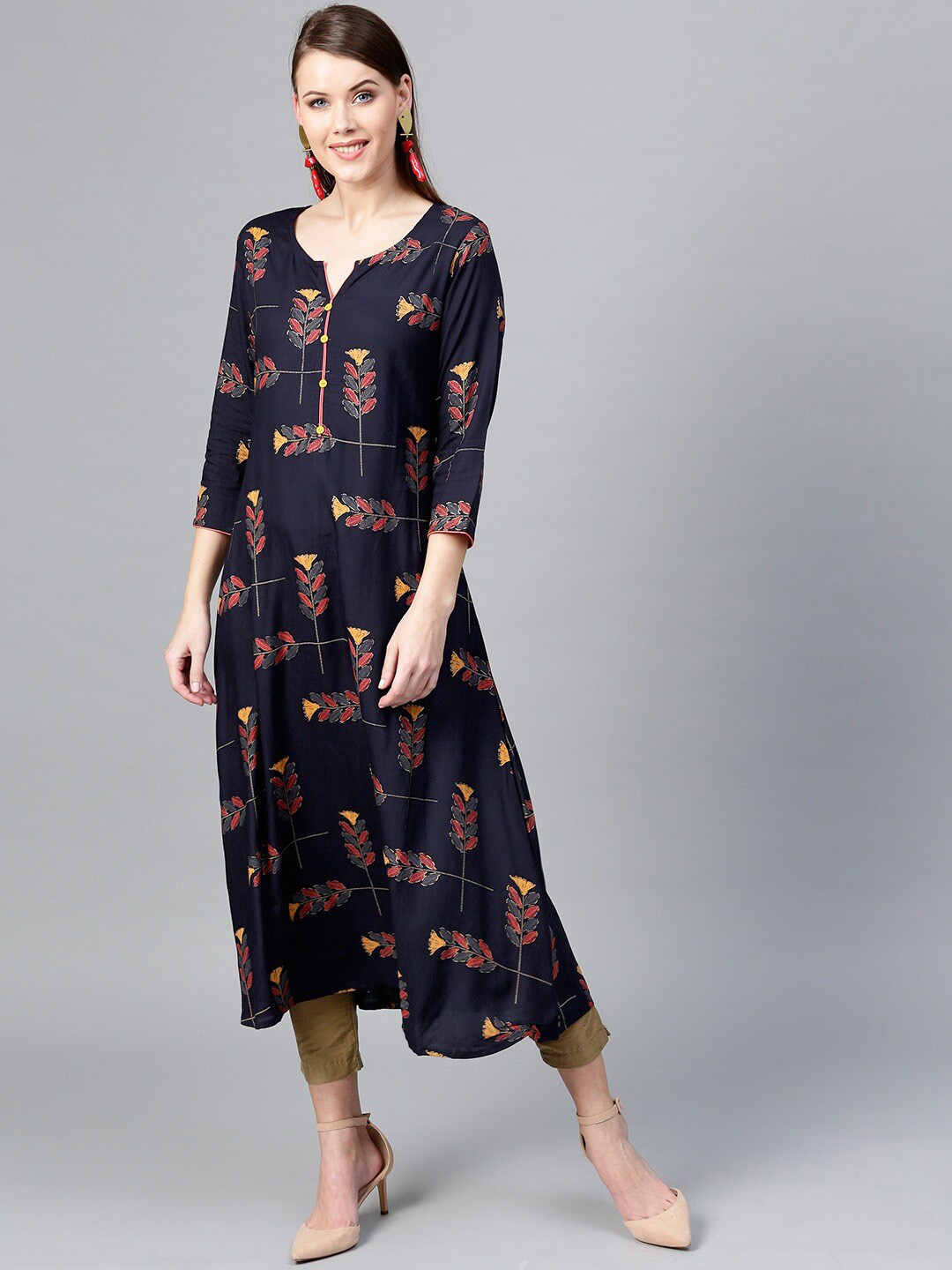 Women Navy Blue Floral Thread Work Velvet Kurta with Trousers