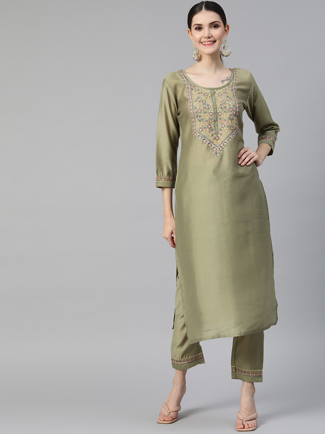 Buy Shewill Women Olive Green Floral Embroidered Sequinned Kurta With