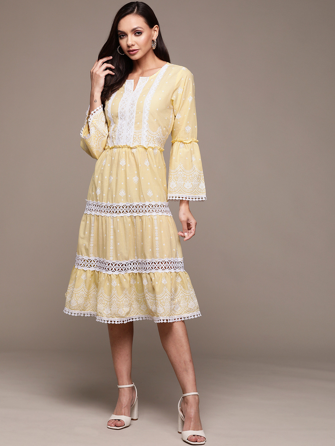 Buy Ishin Yellow & White Floral Embroidered A Line Dress Dresses for