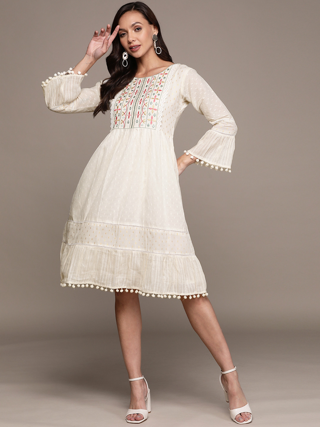 Buy Ishin Off White Floral Embroidered A Line Midi Dress Dresses for