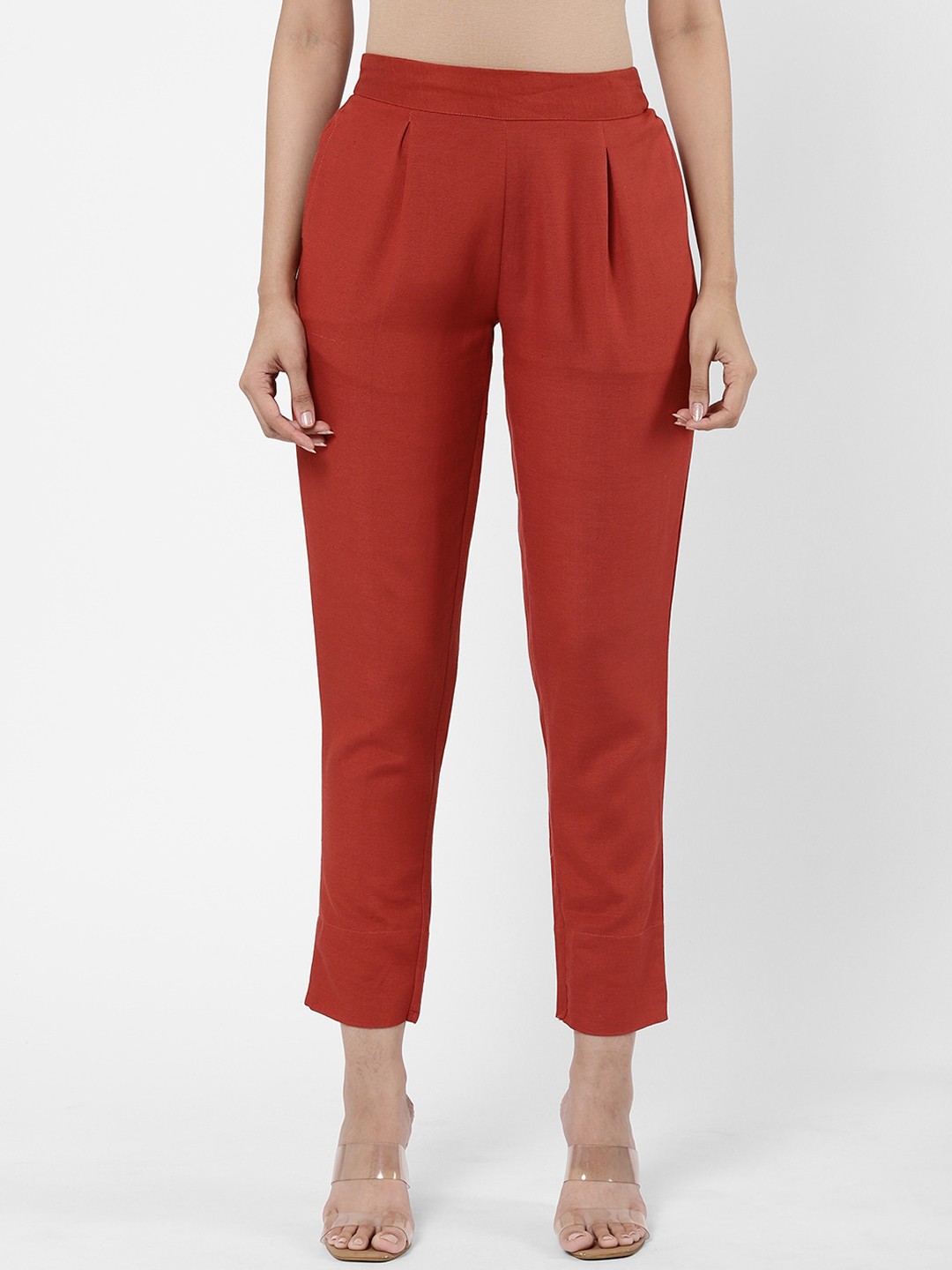 Buy R&B Women Brown Relaxed Tapered Fit Pleated Trousers - Trousers for ...