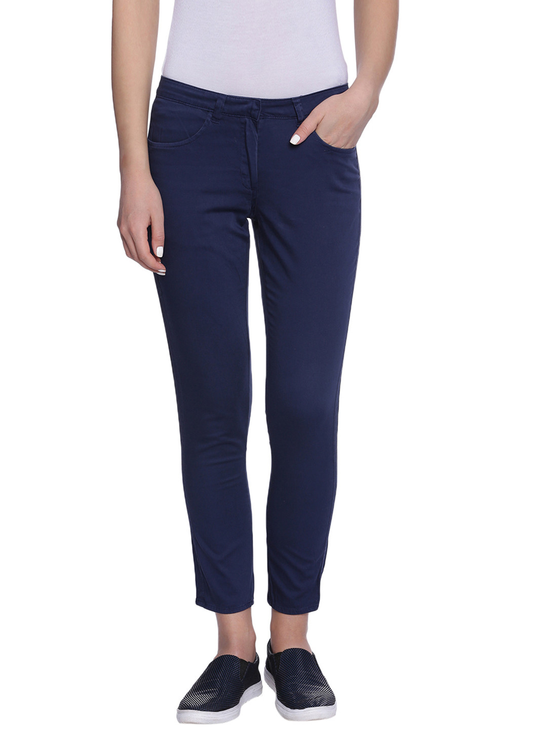 Buy Amari West Women Navy Blue Solid Chinos - Trousers for Women