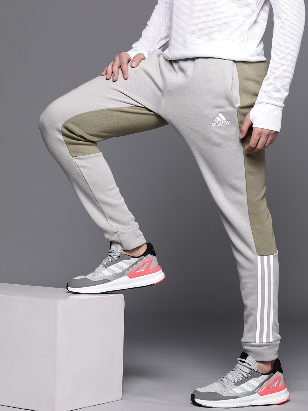 Buy ADIDAS Men Grey & Green Colourblocked Training Track Pants Track