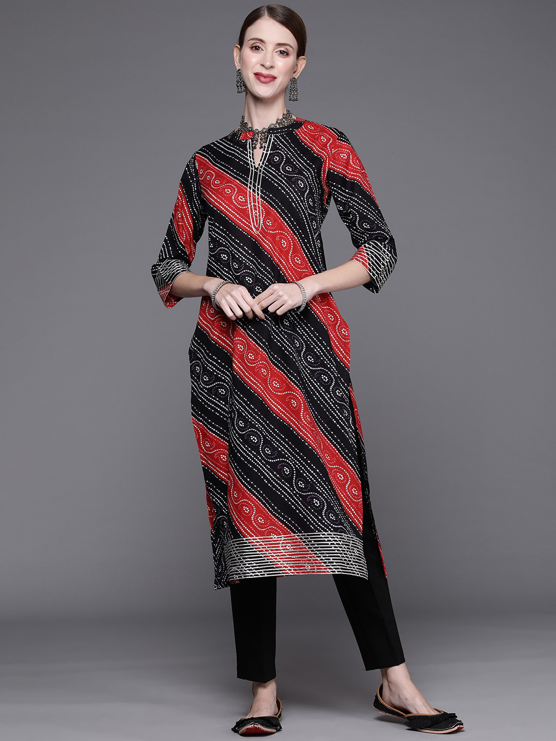 Women's Red Bandhani Printed Gotta Patti Straight Kurta