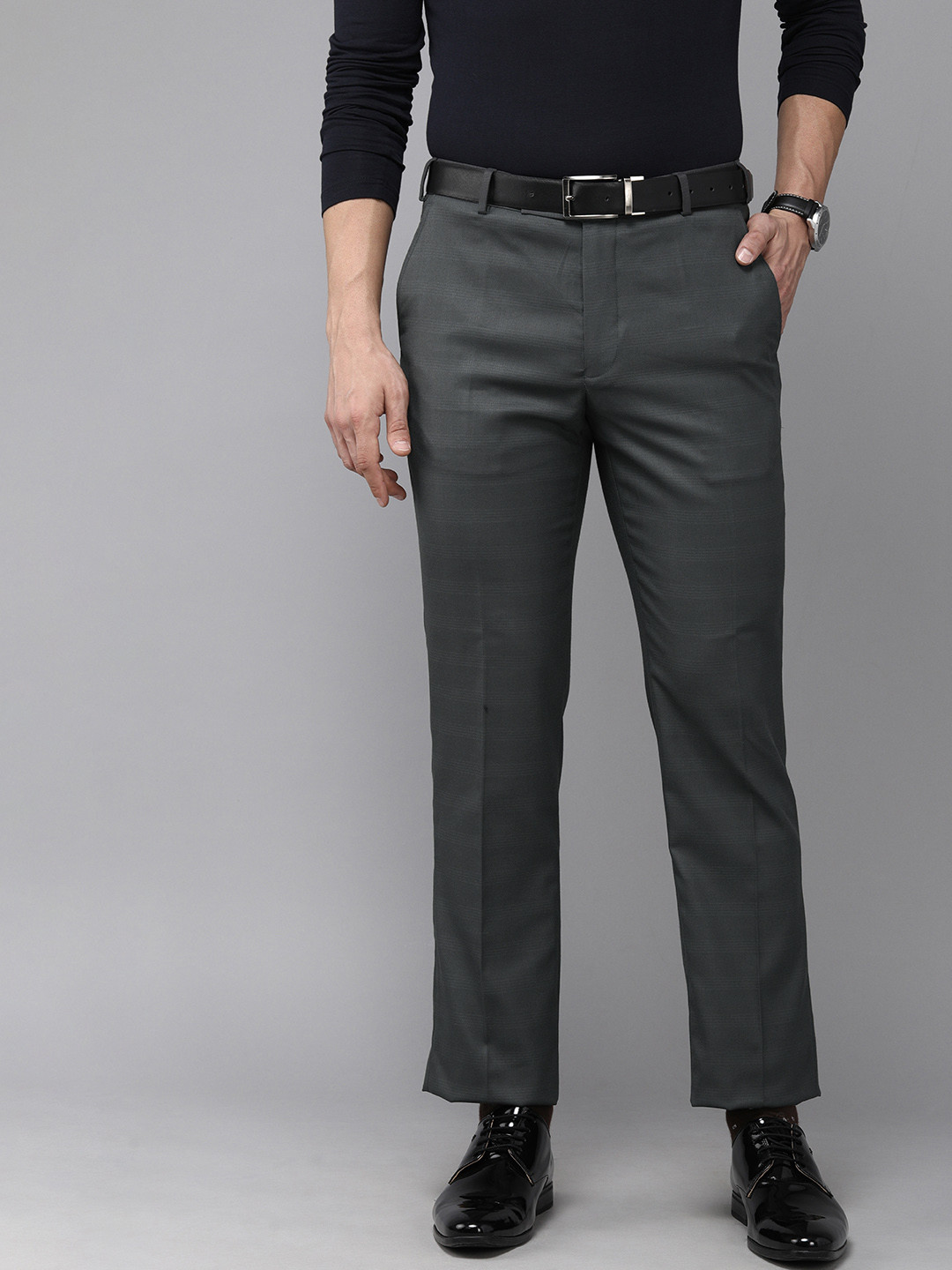 Buy Park Avenue Men Grey Checked Smart Fit Low Rise Formal Trousers ...