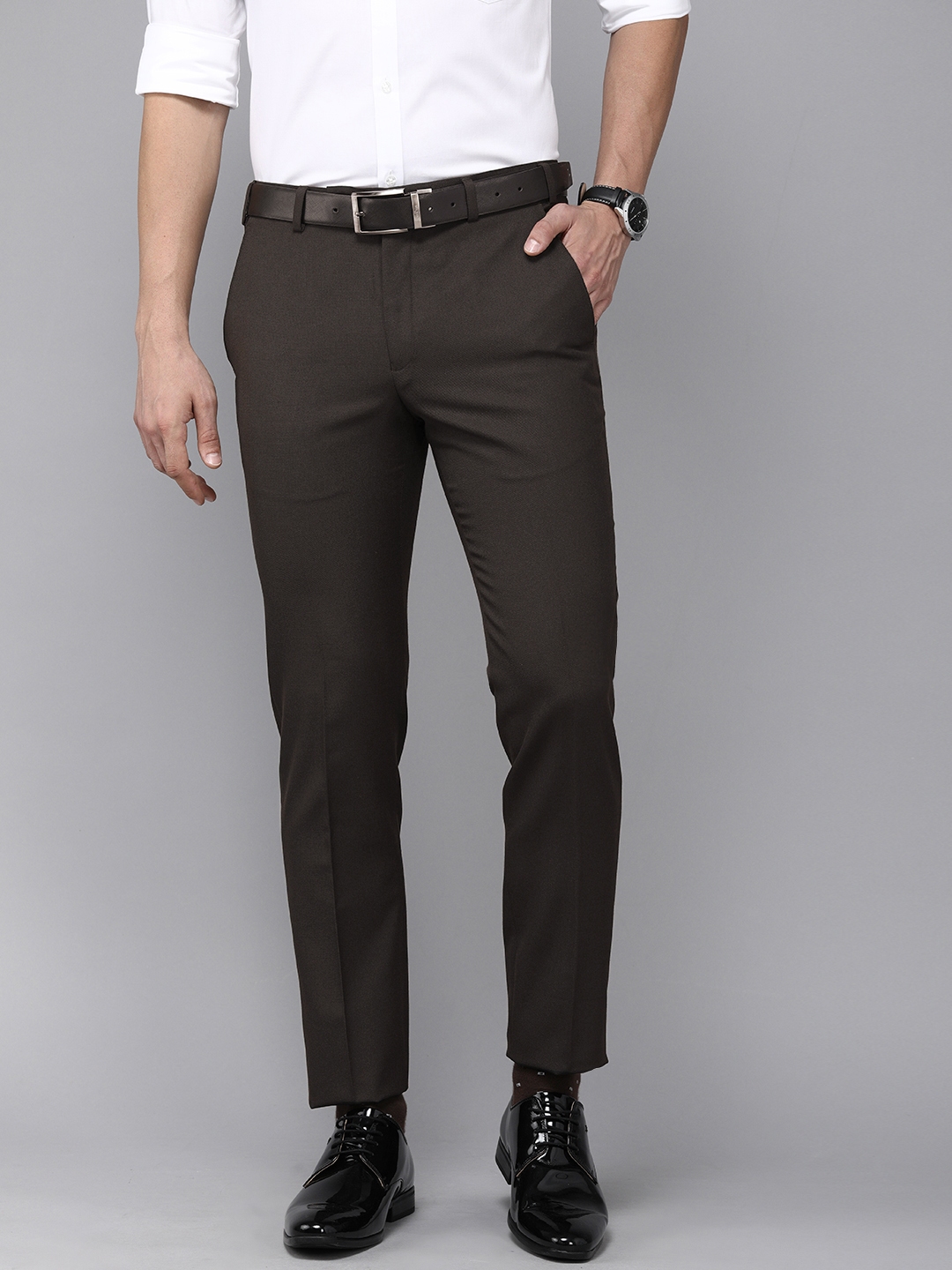 Buy Park Avenue Men Dark Brown Solid Slim Fit Mid Rise Formal Trousers ...