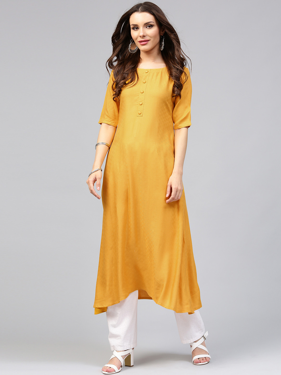 Buy Libas Women Mustard Yellow Woven Design Asymmetrical Hem Straight
