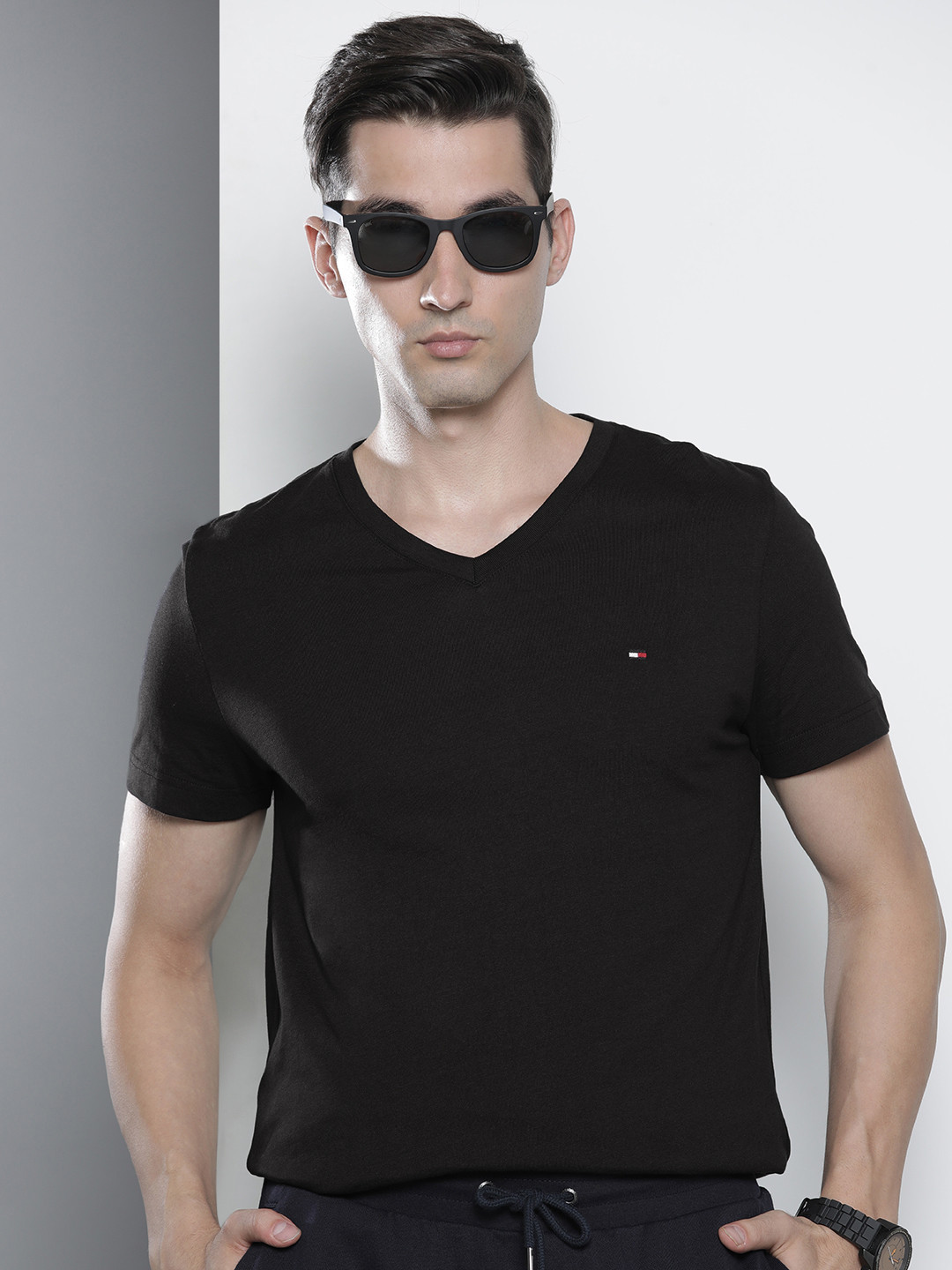 Buy Tommy Hilfiger Men Black V Neck Pure Cotton Slim Fit T Shirt