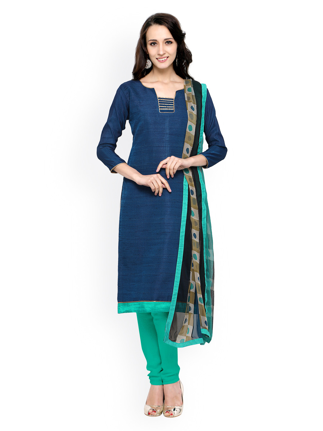 Buy Saree Mall Navy Blue & Green Solid Chanderi Dress Material Dress Material for Women