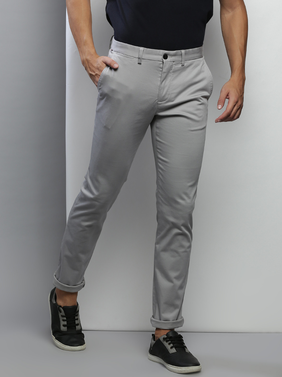 Buy Tommy Hilfiger Men Grey Solid Cotton Trousers - Trousers for Men ...