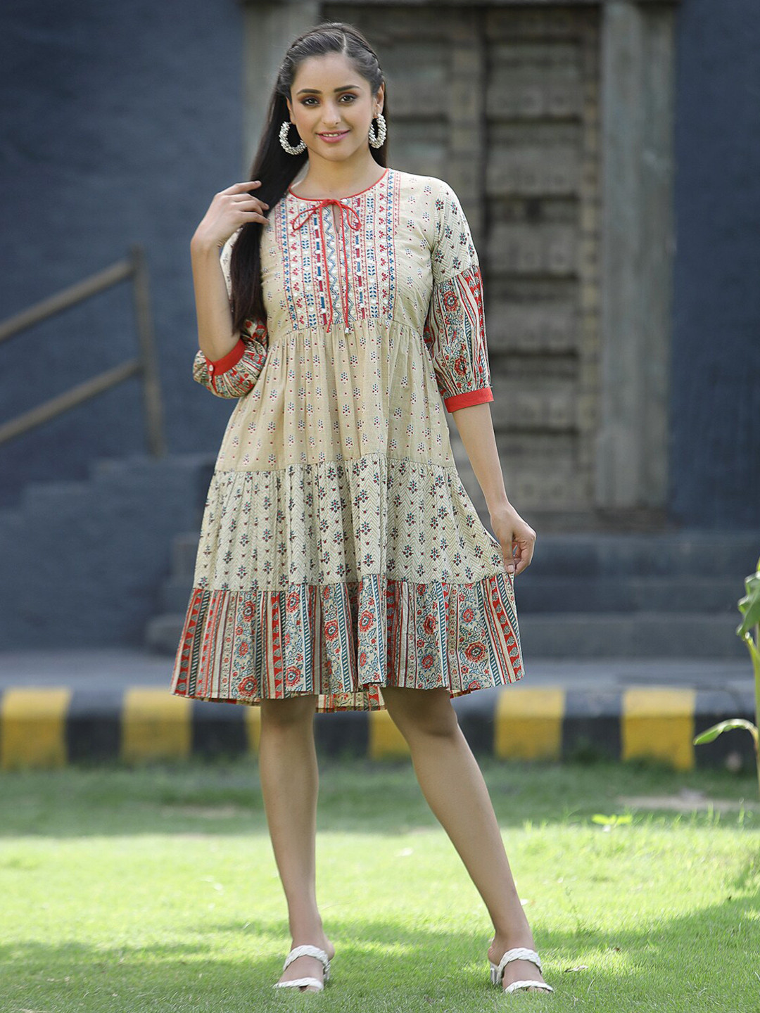 Buy Beige Ethnic Motif Print A-Line Maxi Dress | Indiaista