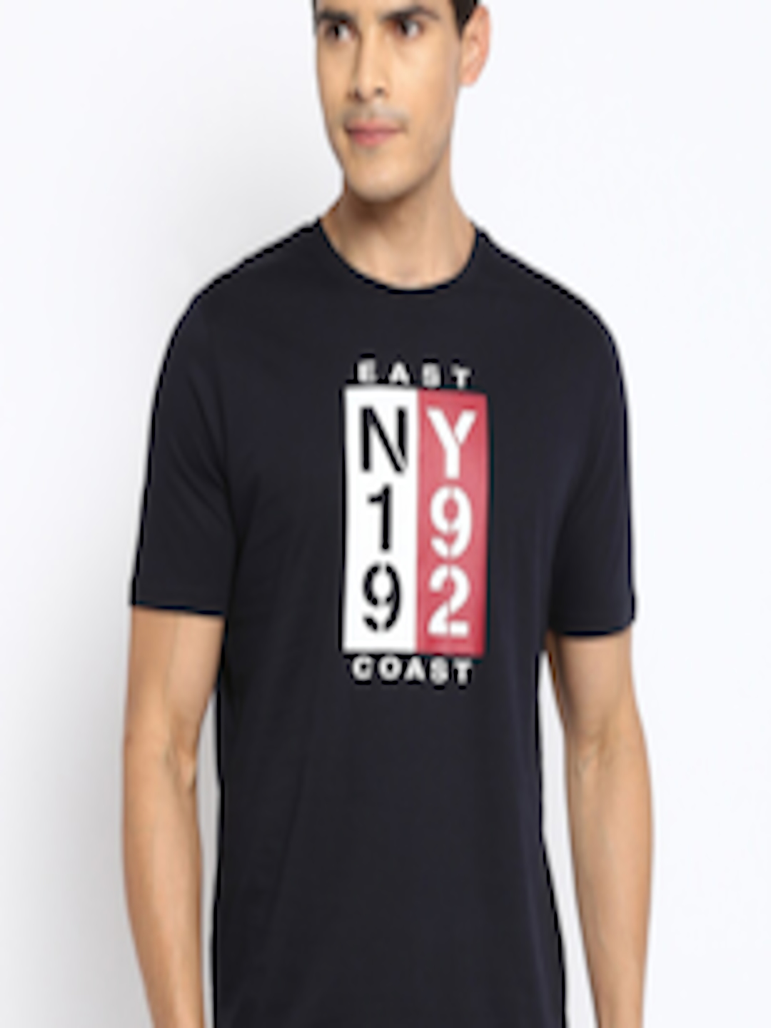 Buy R&B Men Navy Blue Typography Printed Applique Slim Fit T Shirt ...