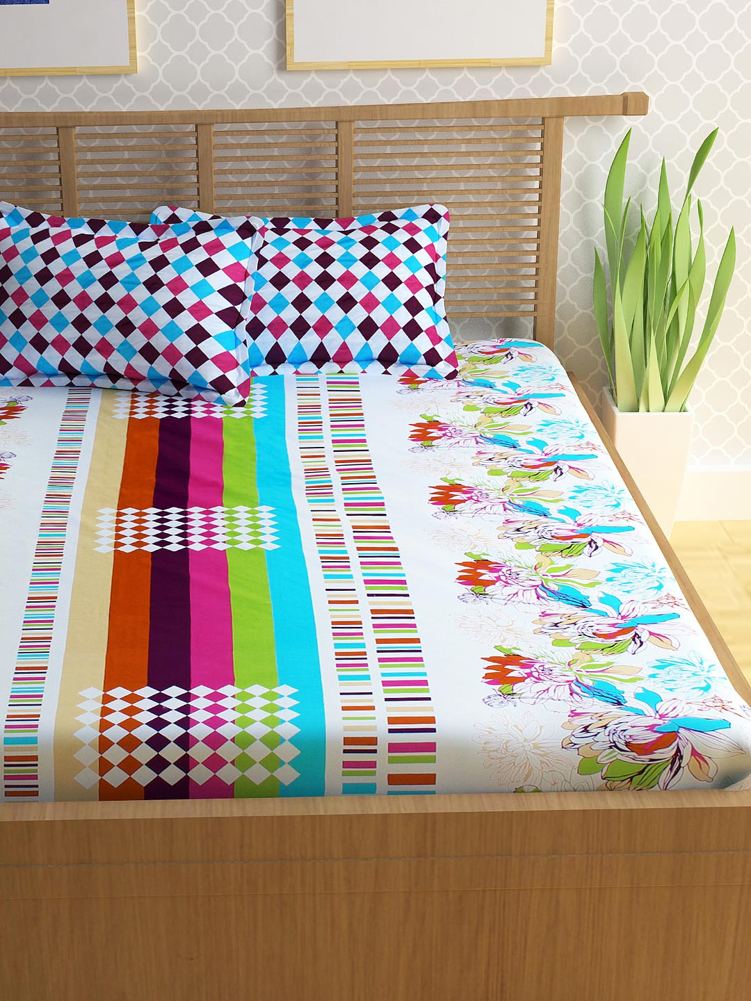 Buy Storyhome Multicoloured Cotton 186 TC Double Bedsheet With 2