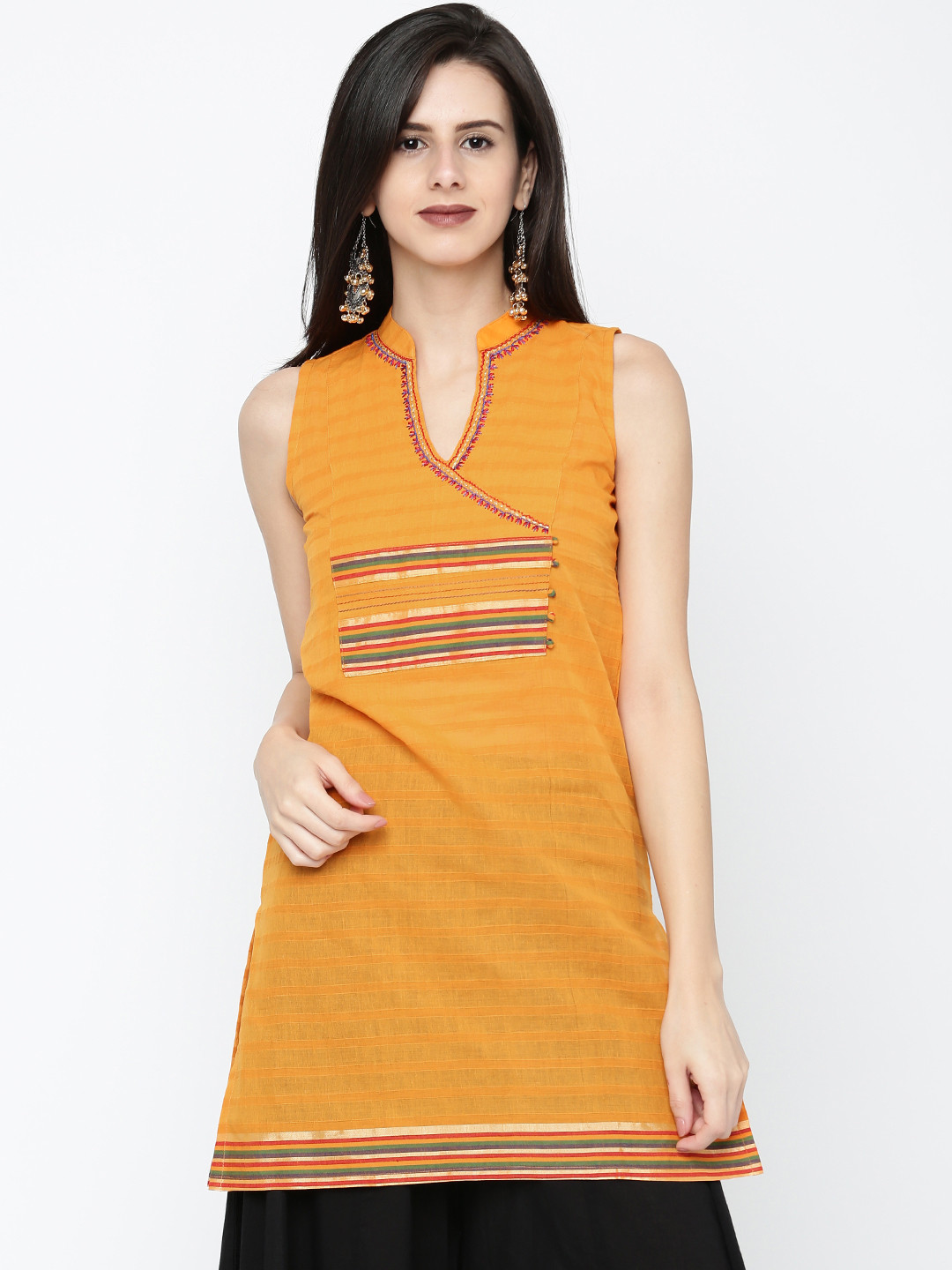 Buy Soch Mustard Yellow Striped A Line Pure Cotton Kurti Kurtis for