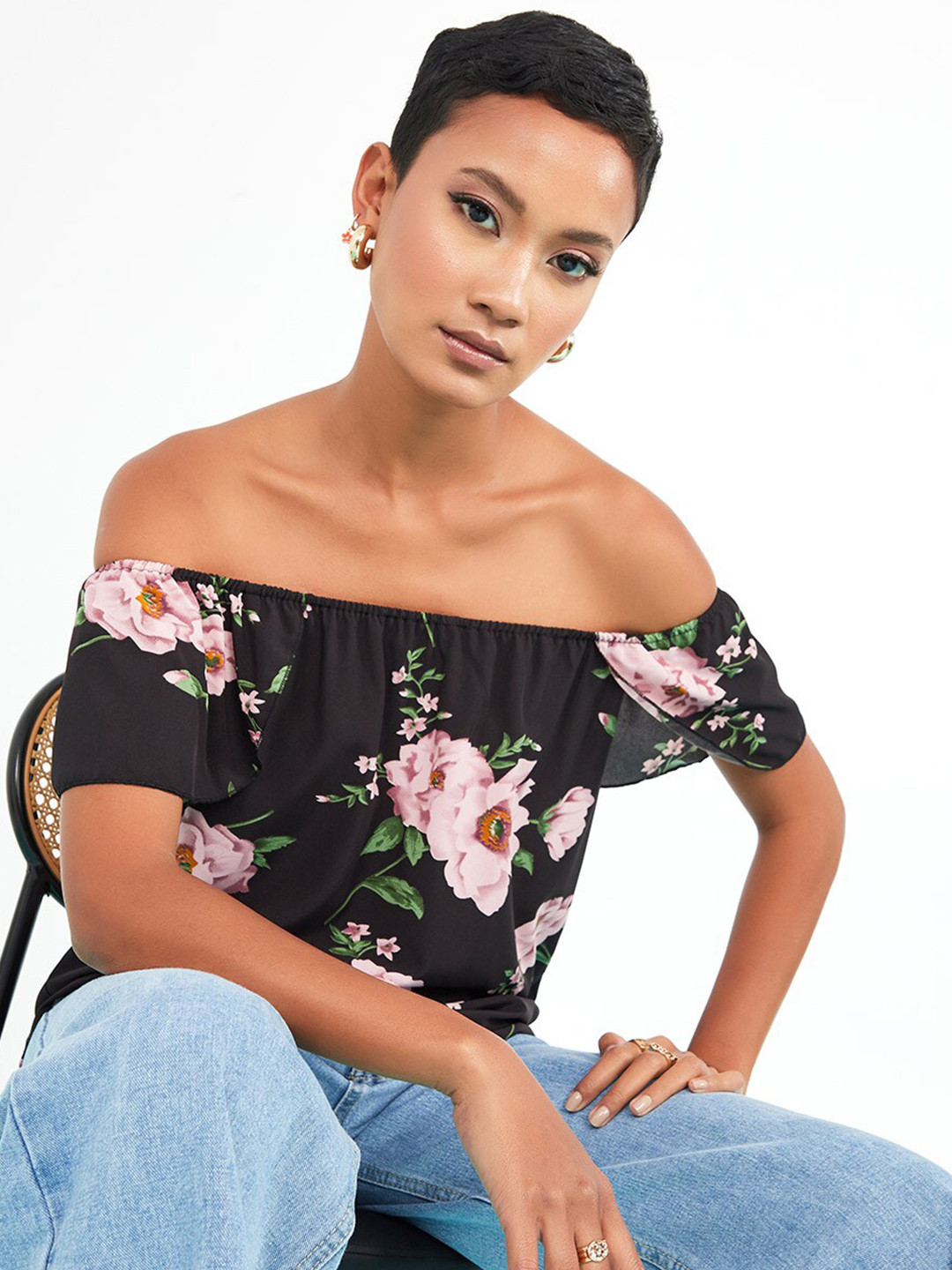 Buy Styli Black Off Shoulder Floral Print Top Tops for Women 18839778