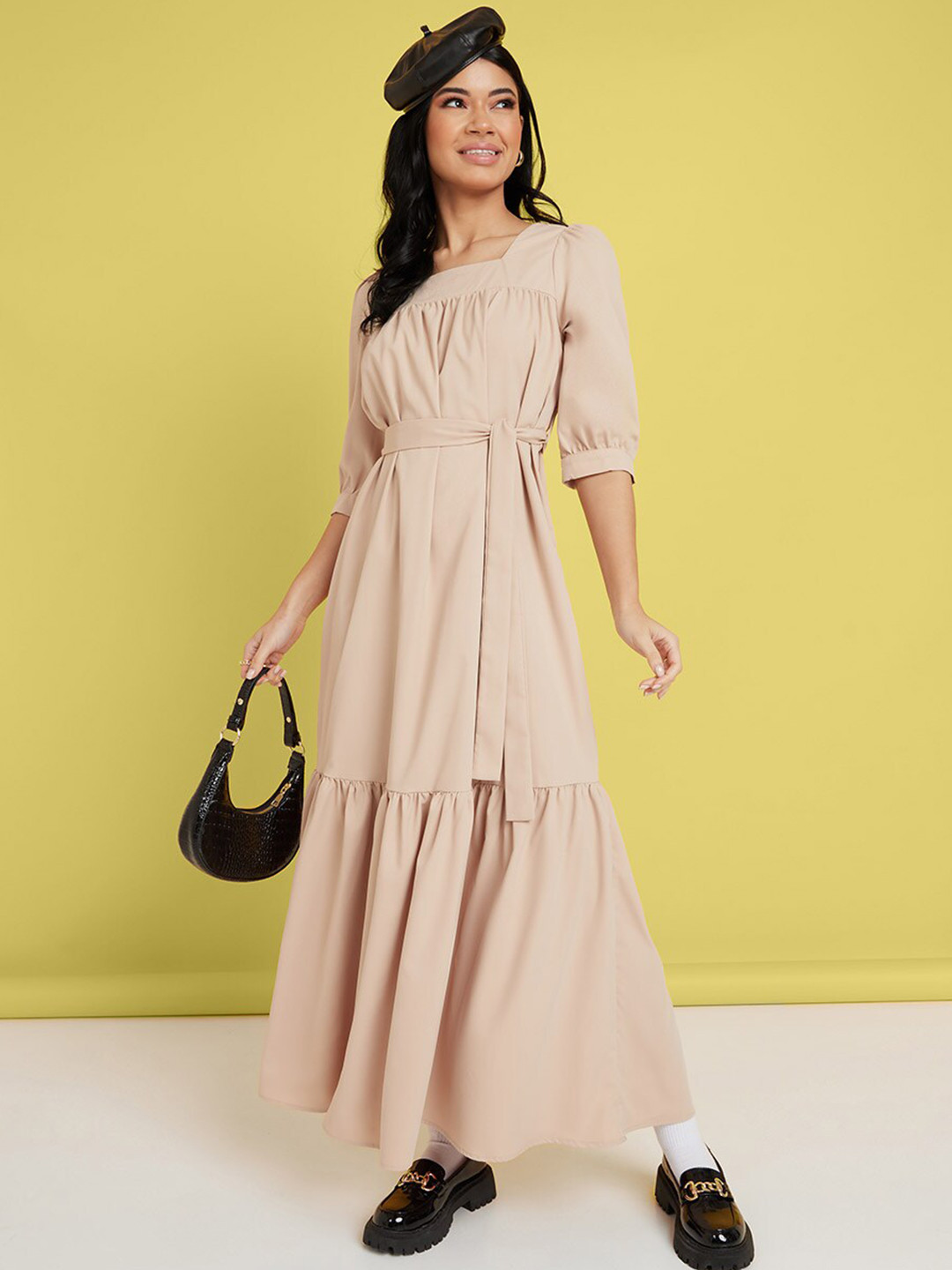 Buy Styli Beige Square Neck Tiered Maxi Dress With Belt Dresses for