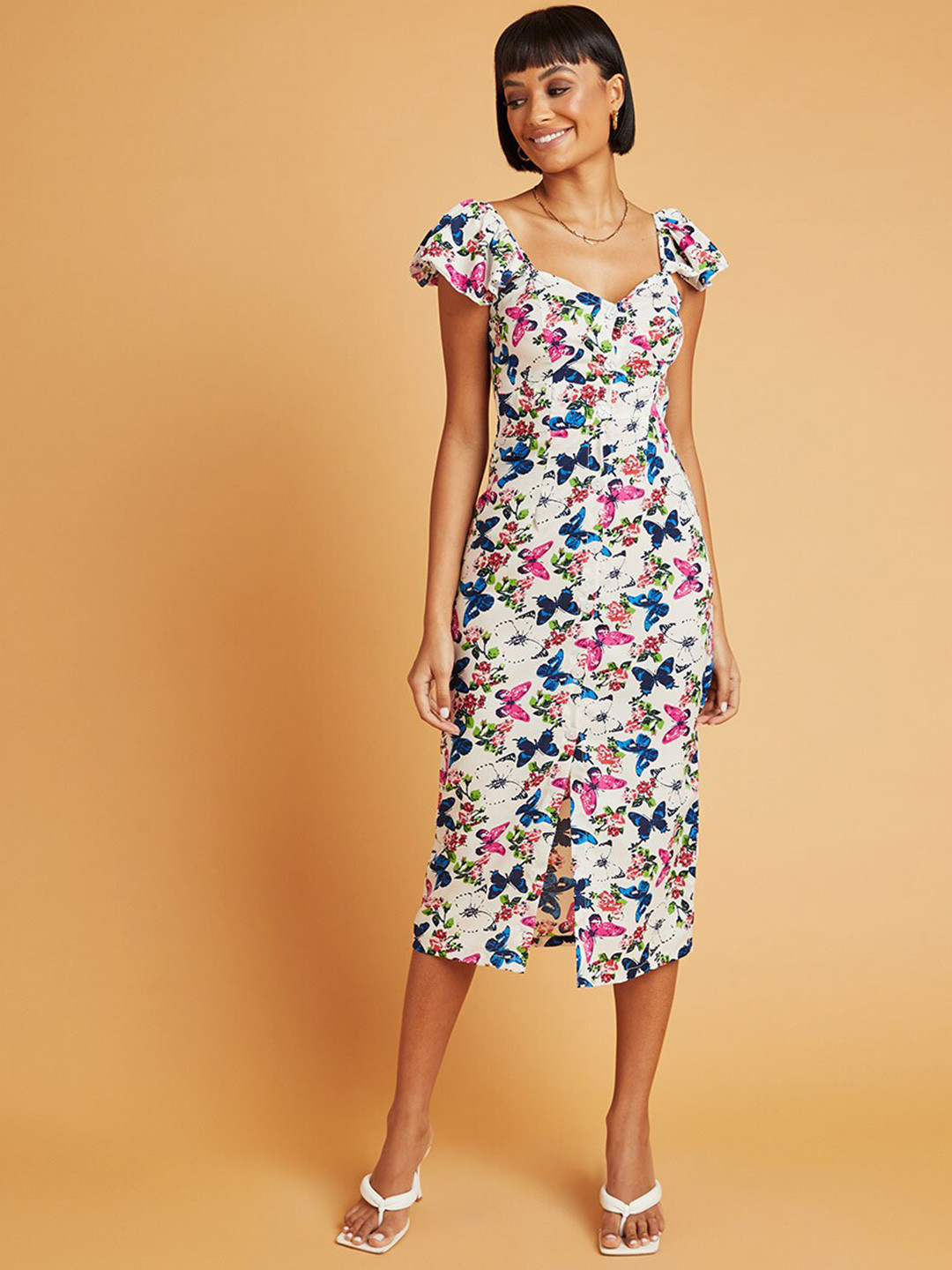 Elegant Floral Detail White A-Line Midi Dress