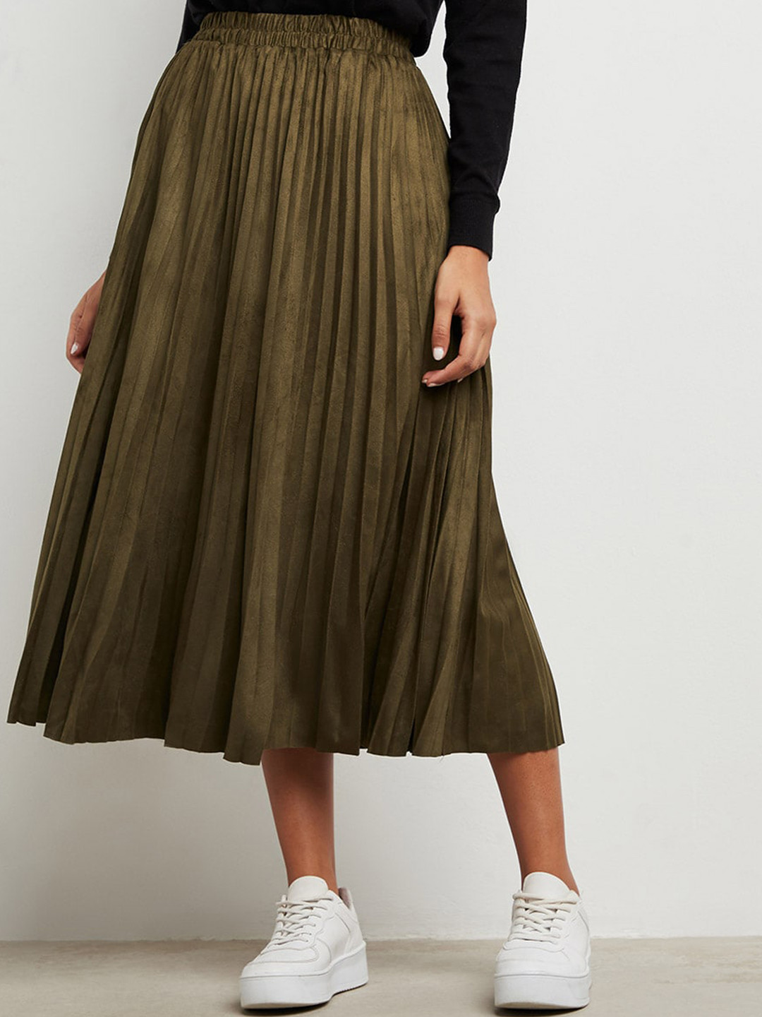 Buy Styli Women Khaki Solid Pleated A Line Midi Skirt Skirts for