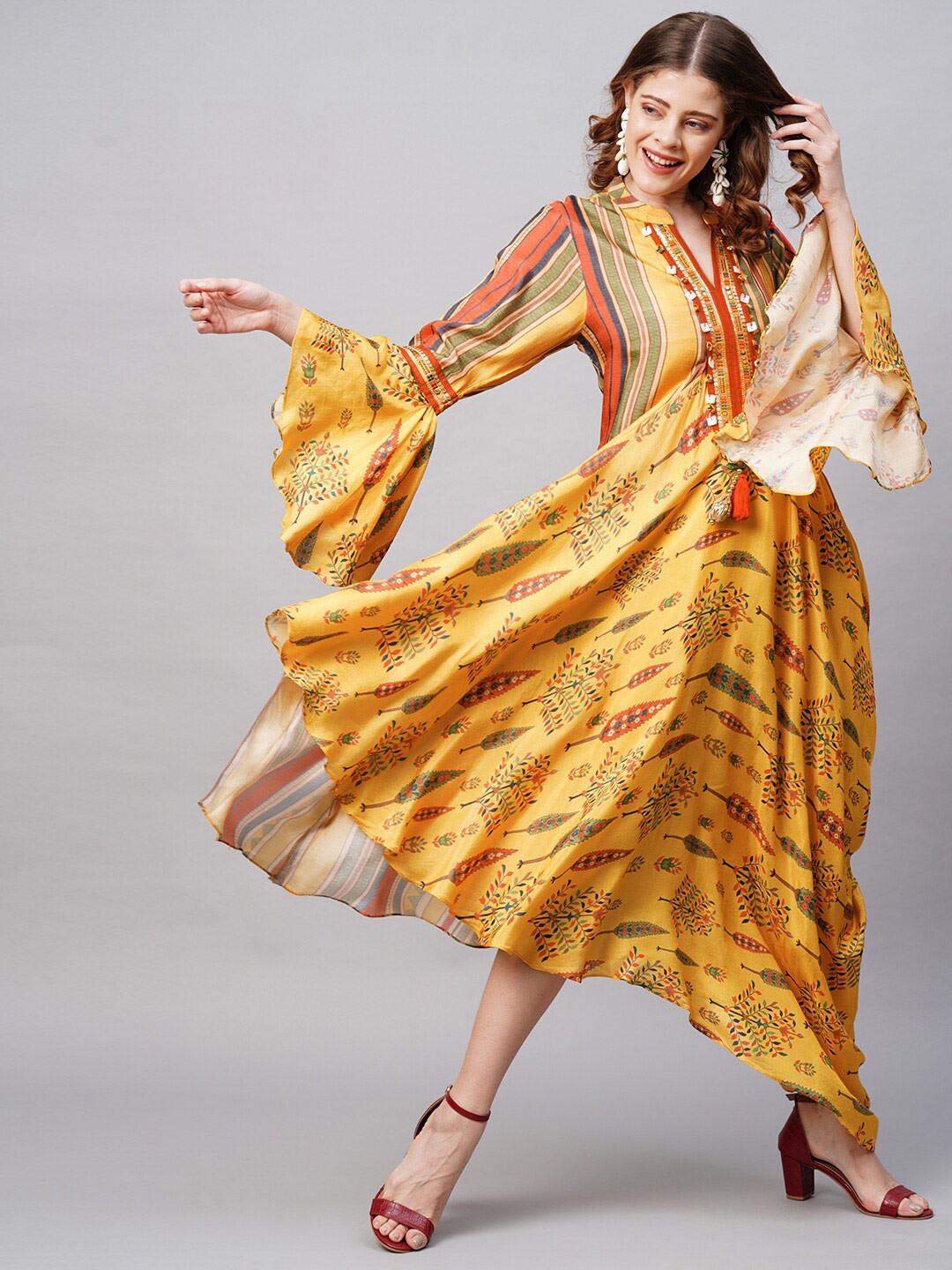 Women Pink Yellow Plaid A-Line Gathers Detailed Ethnic Dress