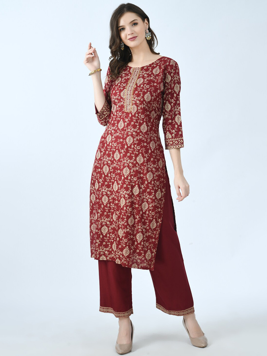 Maroon Floral Printed Kurta With Draw String Detailed Sleeves And Pale Yellow Pants main image 1