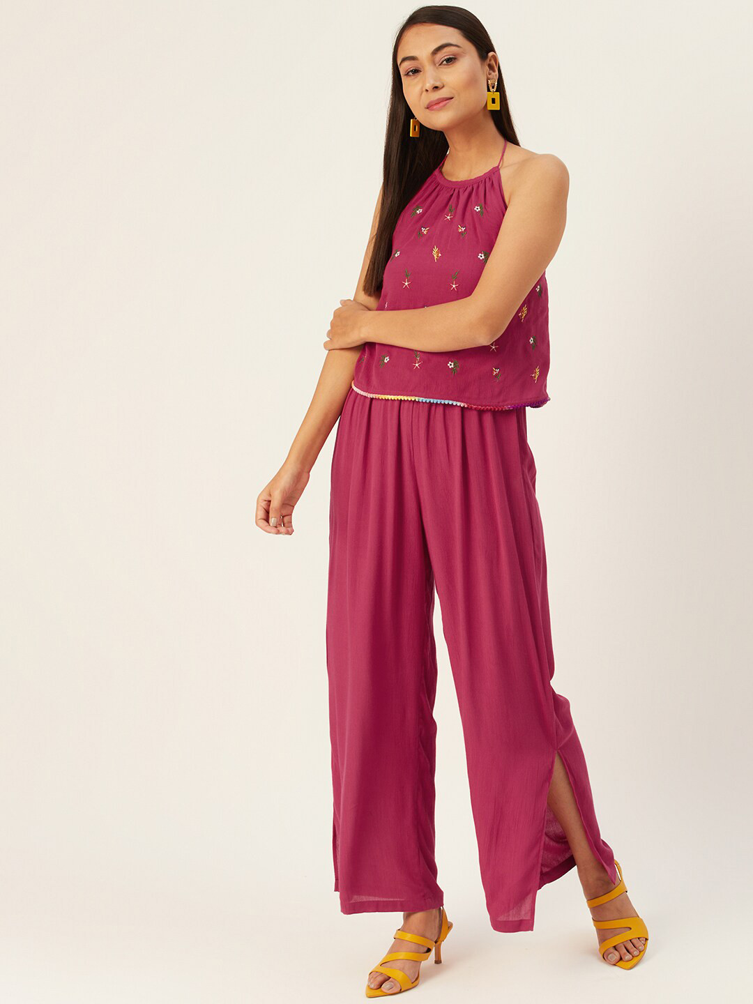 Buy DressBerry Purple & Yellow Halter Neck Basic Jumpsuit Jumpsuit