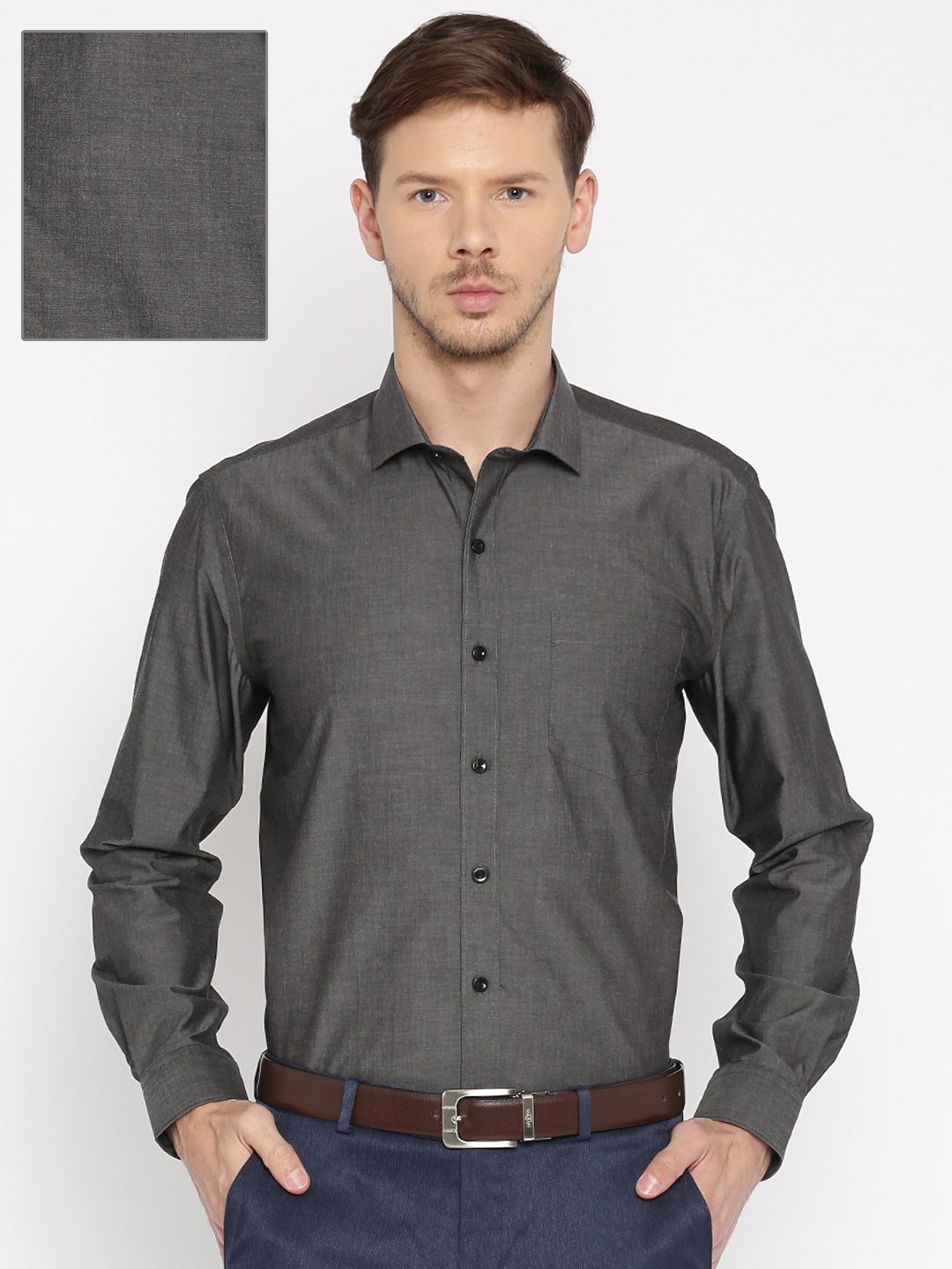 Buy CODE By Lifestyle Men Charcoal Grey Regular Fit Solid Formal Shirt ...