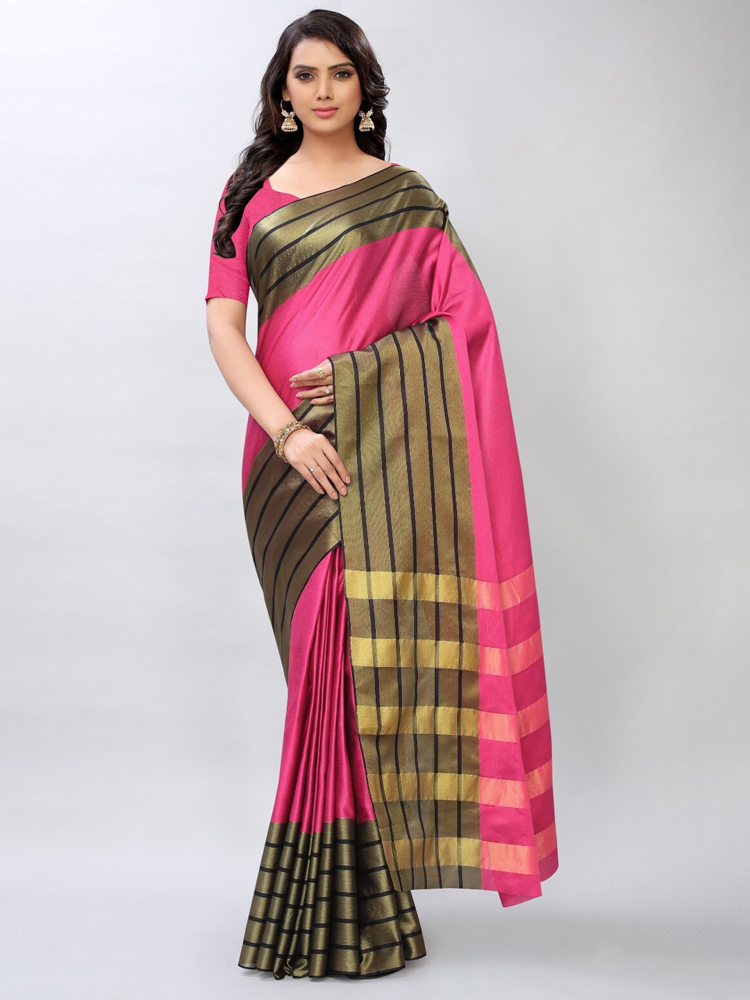 Buy APNISHA Pink & Gold Toned Striped Pure Cotton Saree Sarees for