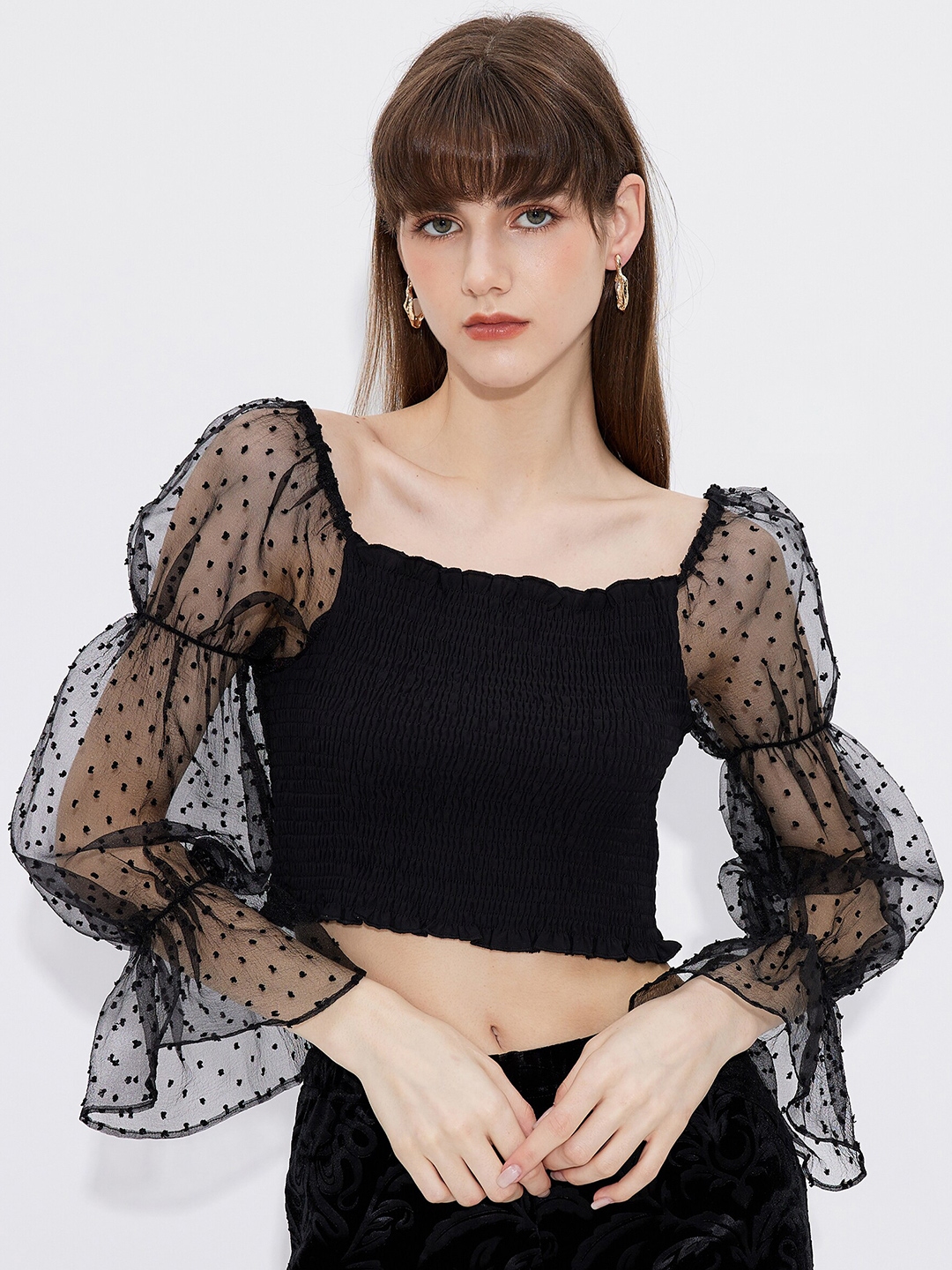 Buy URBANIC Black Solid Smocked Fitted Crop Top - Tops for Women ...