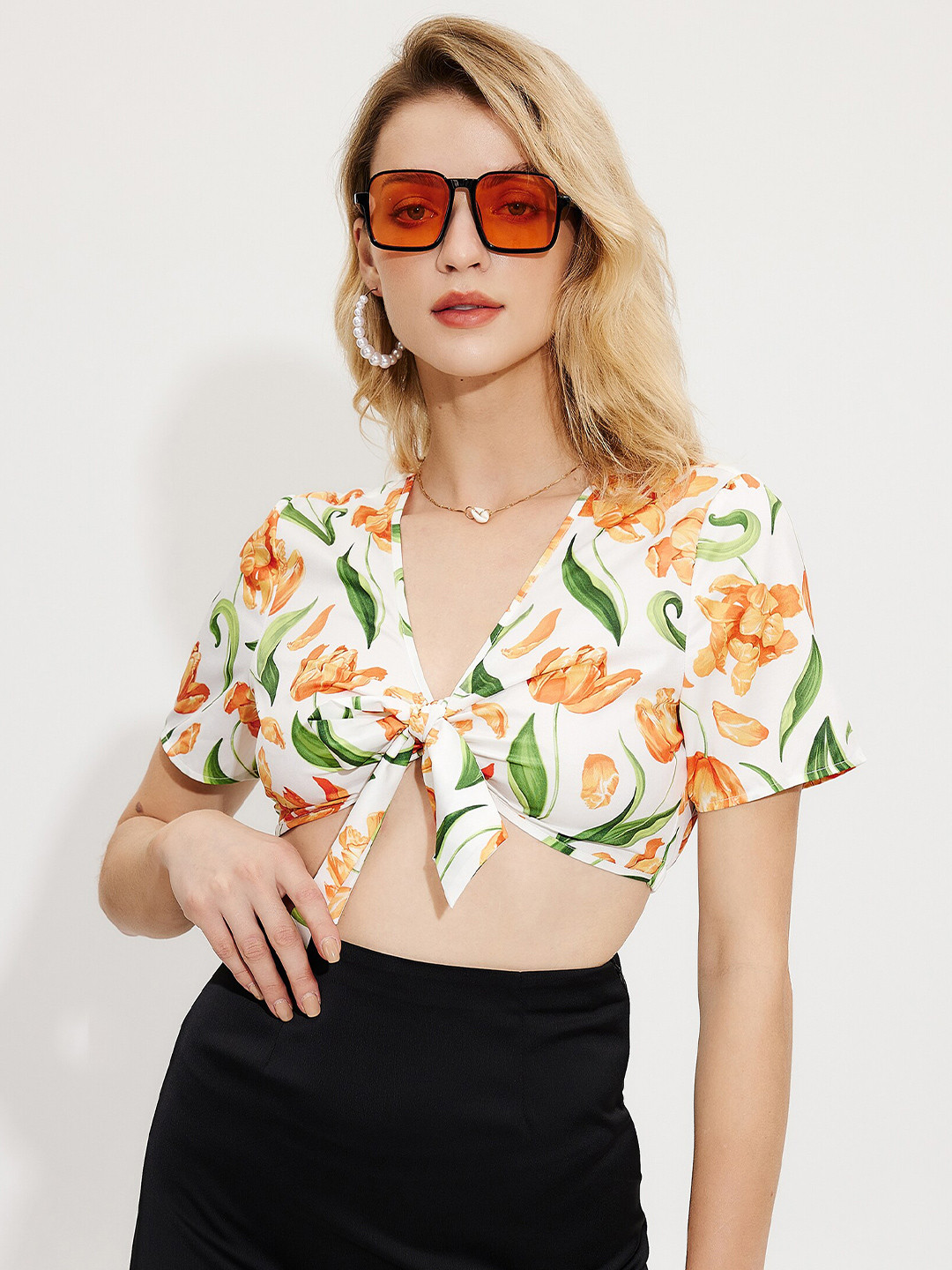 Buy URBANIC Orange Floral Print Blouson Top Tops for Women 18866892