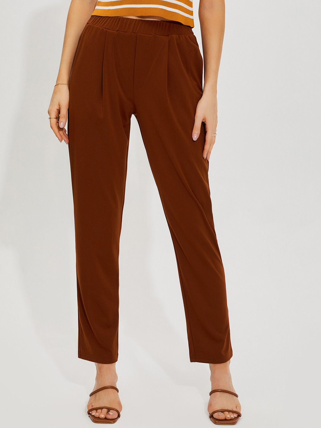 Buy URBANIC Women Brown Pleated Trousers Trousers for Women 18867338