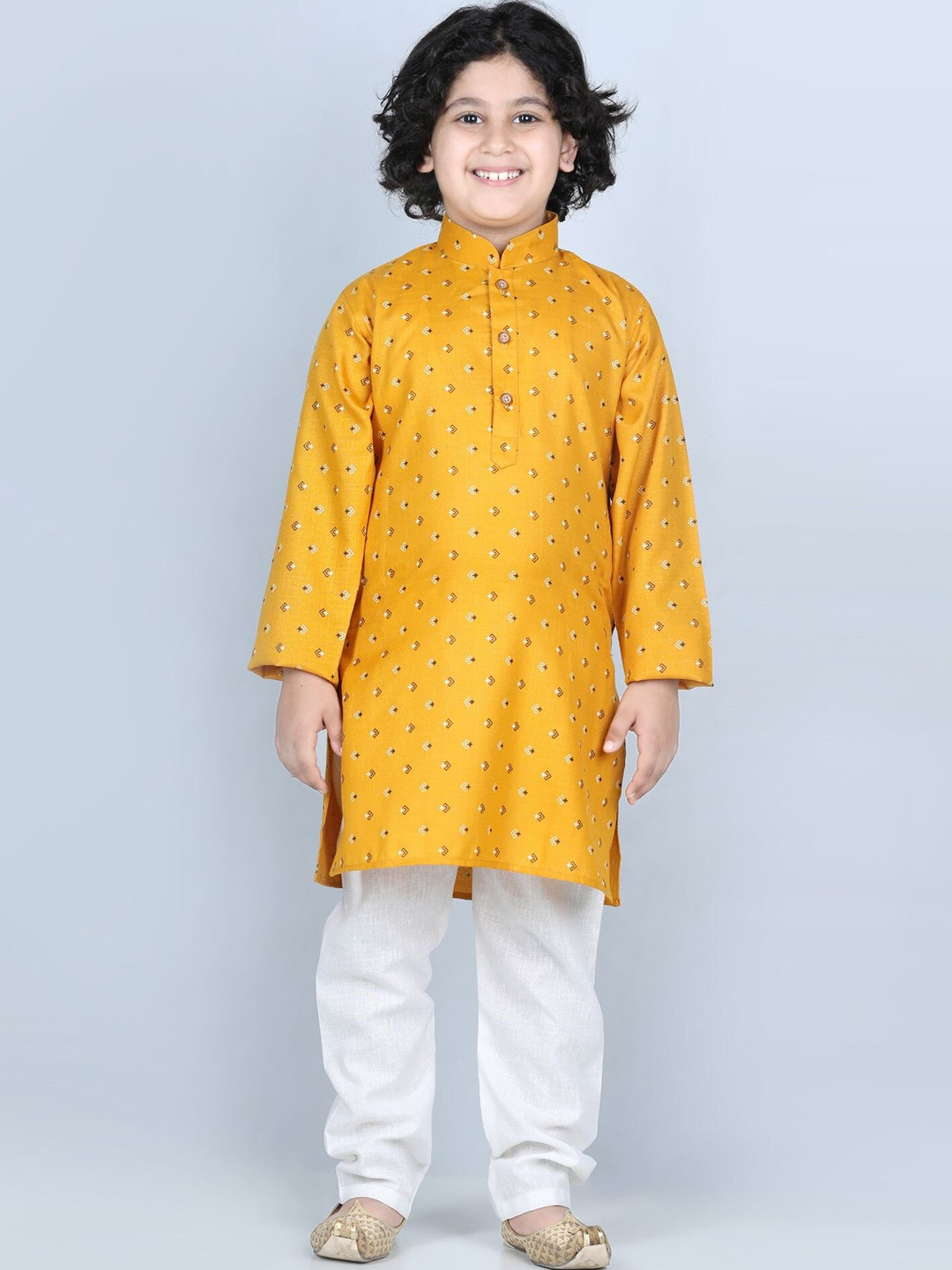 Boys Mustard Yellow Printed Kurta with Pyjamas