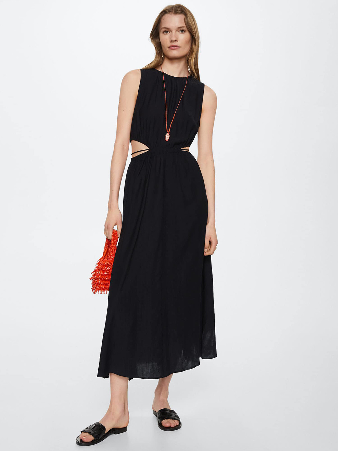 Buy MANGO Black Solid Cut Out A Line Midi Dress With Tie Up Closure