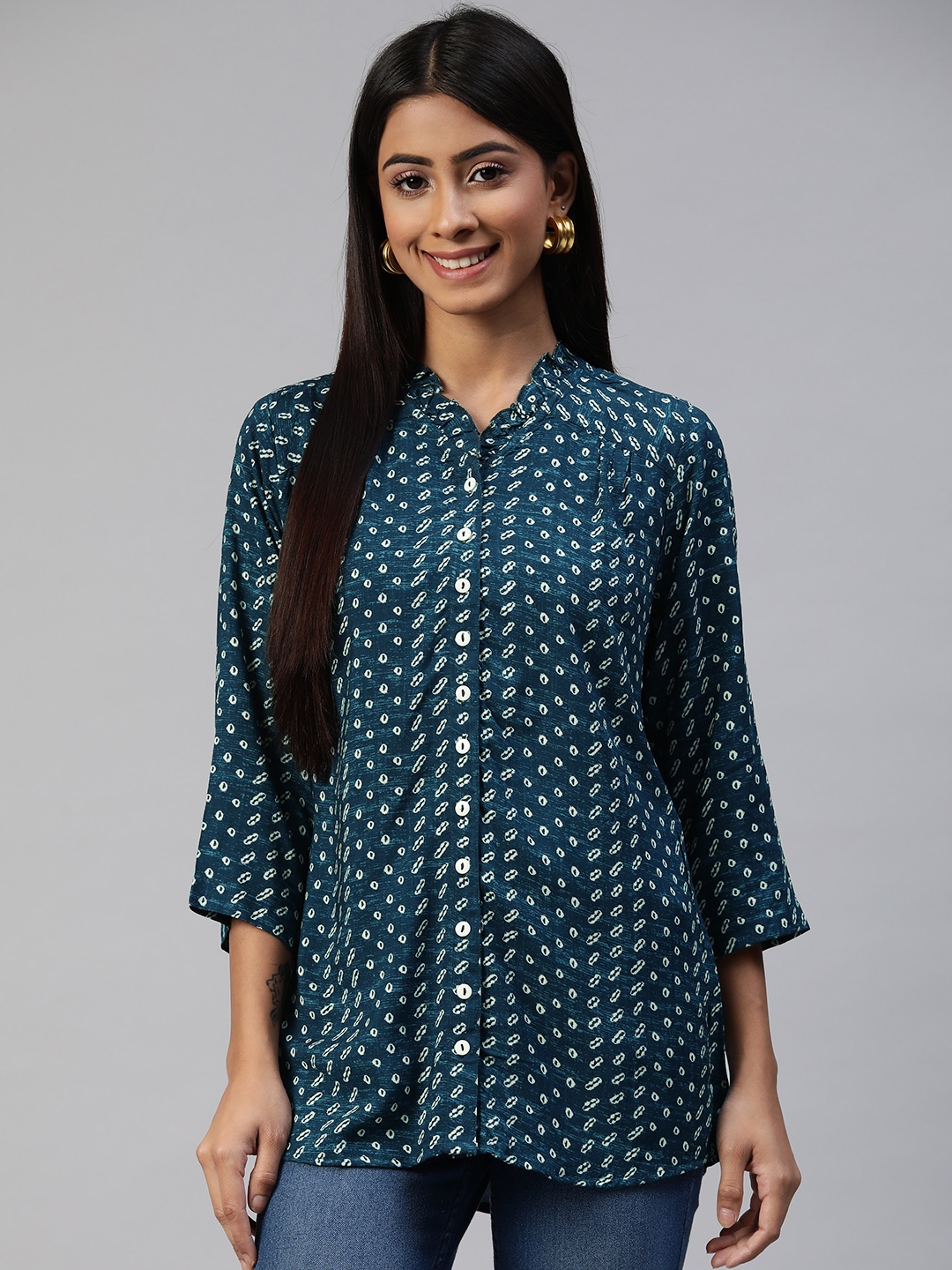 Buy Ayaany Blue Print Shirt Style Frilled V Neck Longline Top - Tops ...