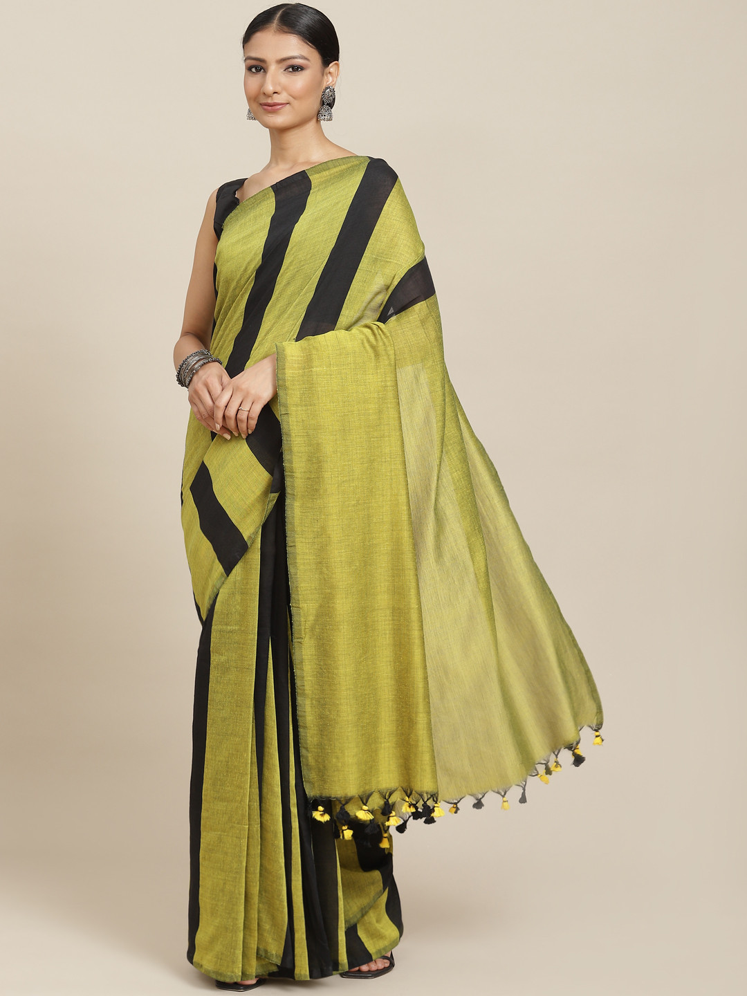 MASSTANI BY INDDUS Women Green Striped Saree main image 0