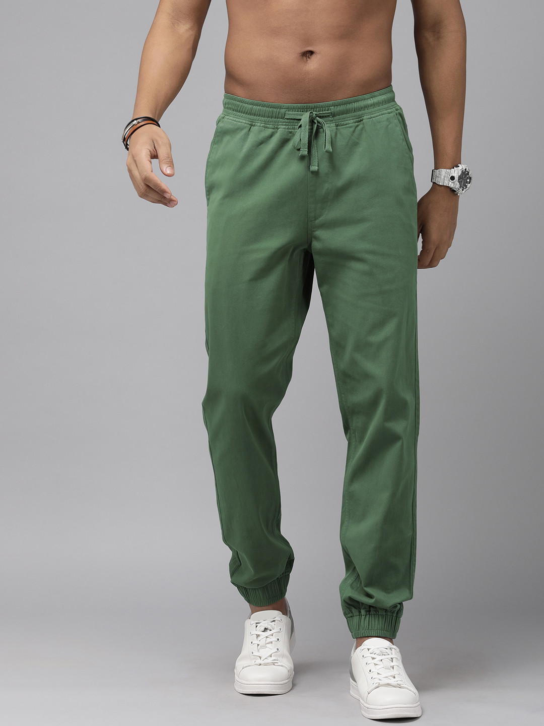 Buy Roadster Men Green Solid Slim Fit Cotton Joggers Trousers for Men