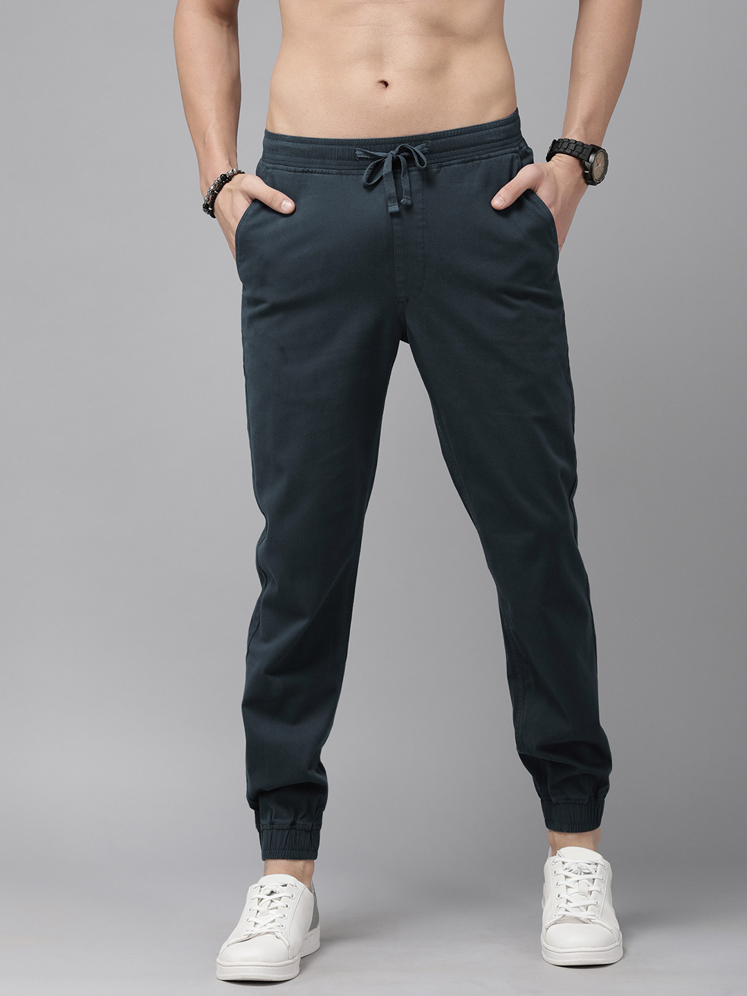Buy Roadster Men Navy Blue Solid Slim Fit Cotton Joggers - Trousers for ...
