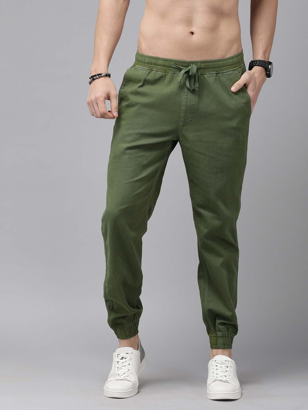 Buy Roadster Men Olive Green Solid Slim Fit Cotton Joggers - Trousers ...