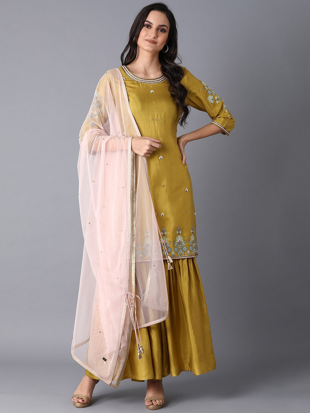 Floral Embroidered Thread Work Kurta With Sharara & Dupatta